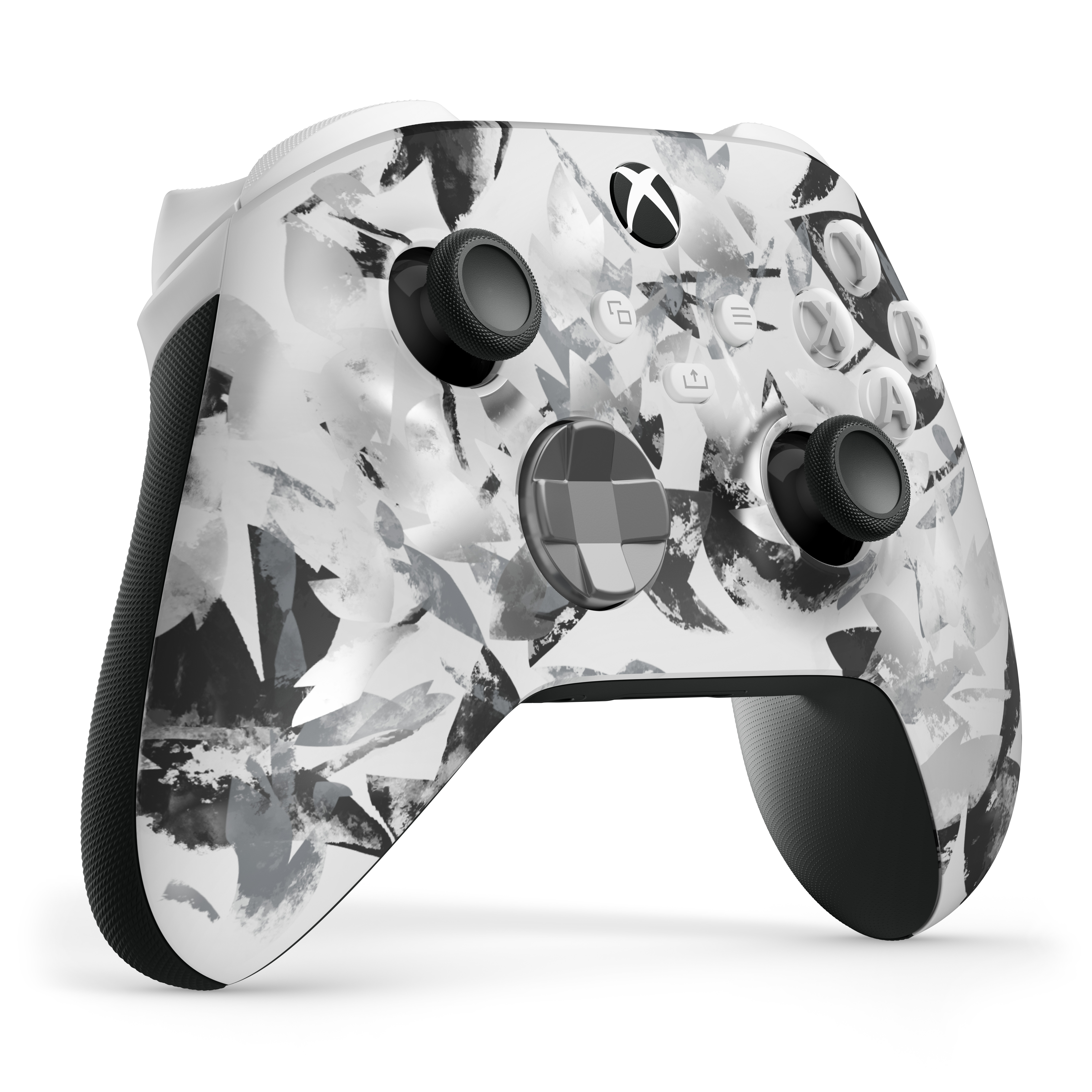 Soyut siyah beyaz desenli bir Xbox kontrol cihazı.