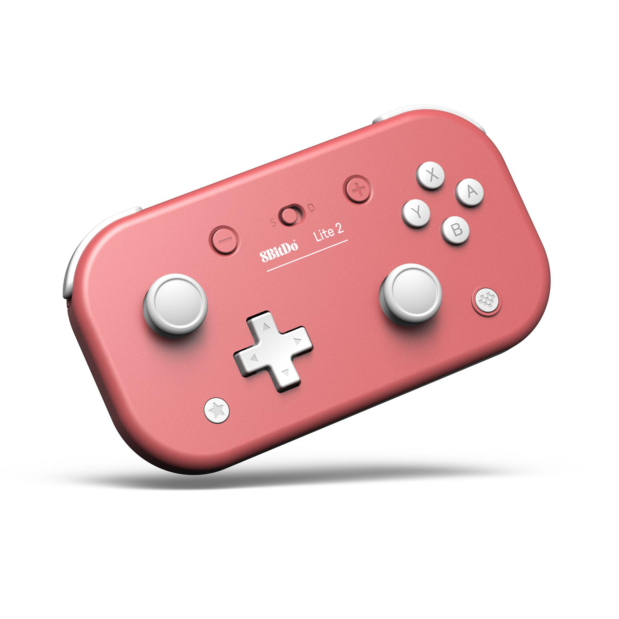 Ein Korallenfarbener 8BitDo Lite 2 Controller mit weißen Knöpfen und einem Steuerkreuz.