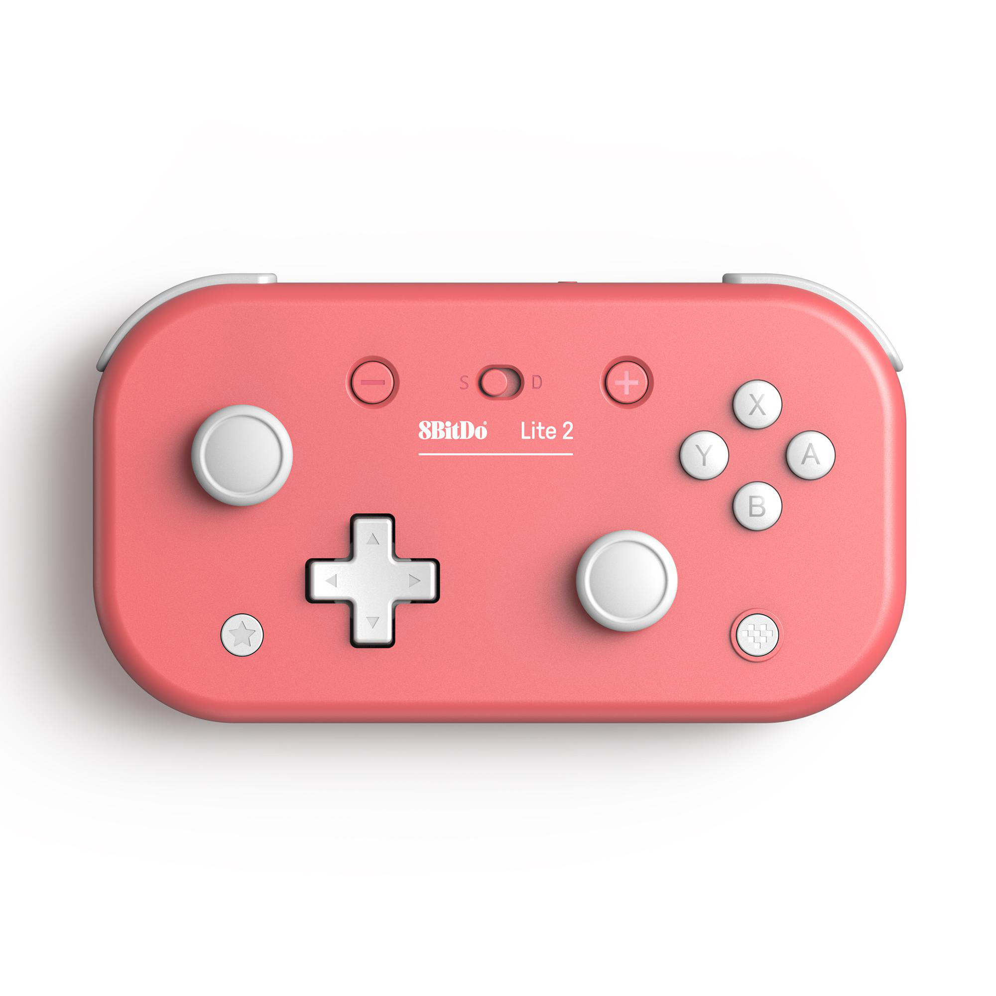 Ein rosafarbener 8BitDo Lite 2 Controller mit weißen Knöpfen und Joysticks.