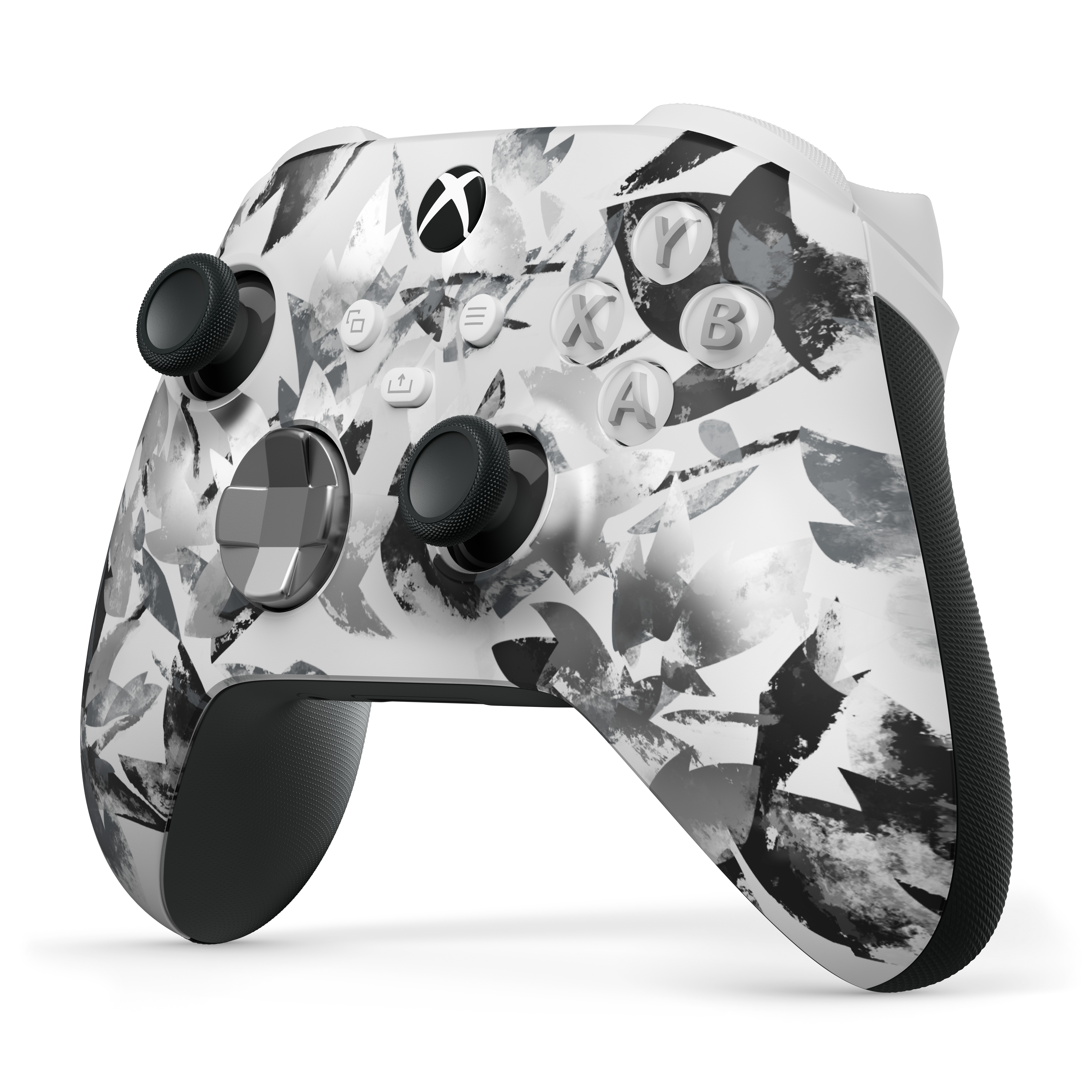 Soyut siyah beyaz desenli bir Xbox kumandası.