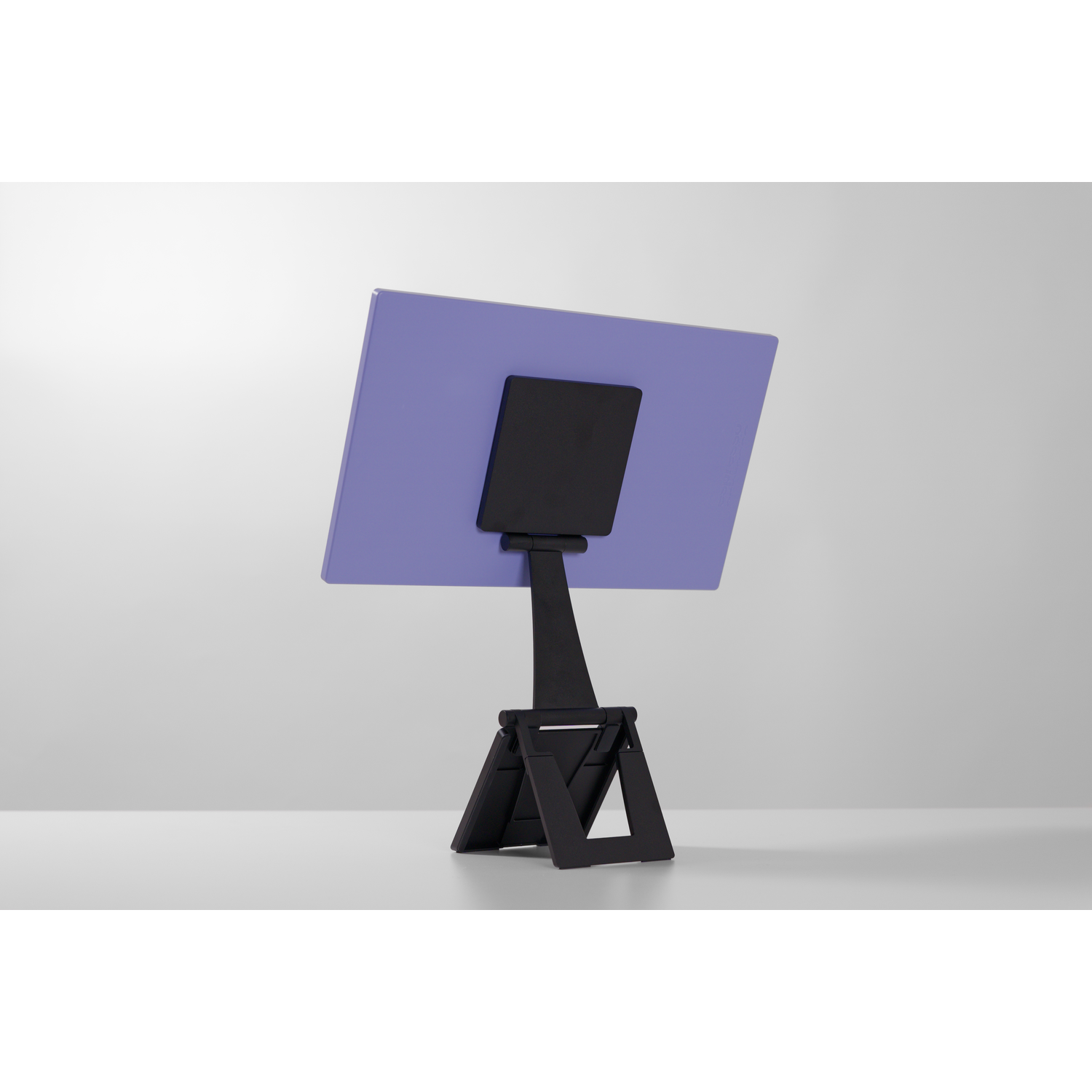 A black stand holds a purple rectangle against a gray background.