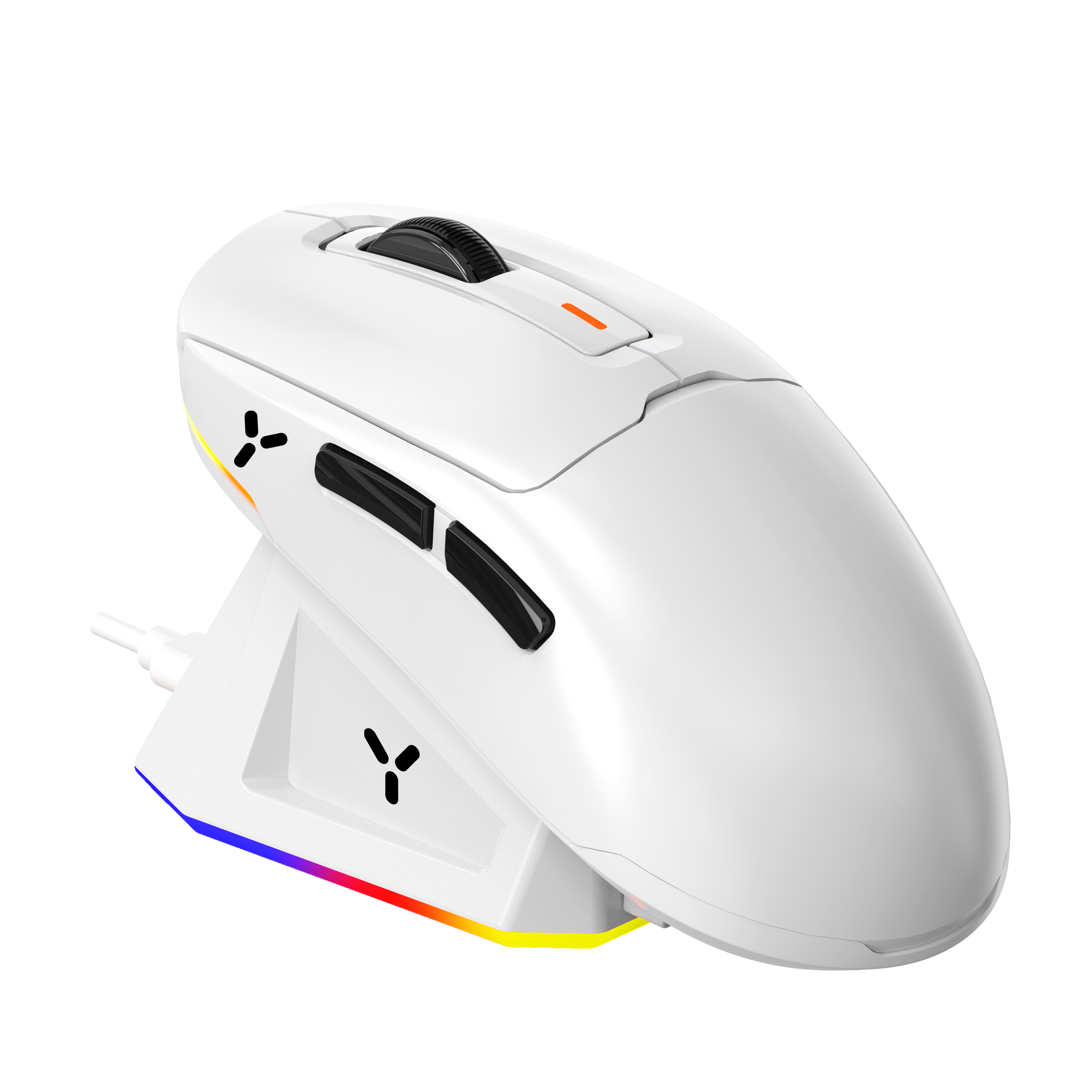 Biała mysz gamingowa na stacji ładującej z oświetleniem RGB.