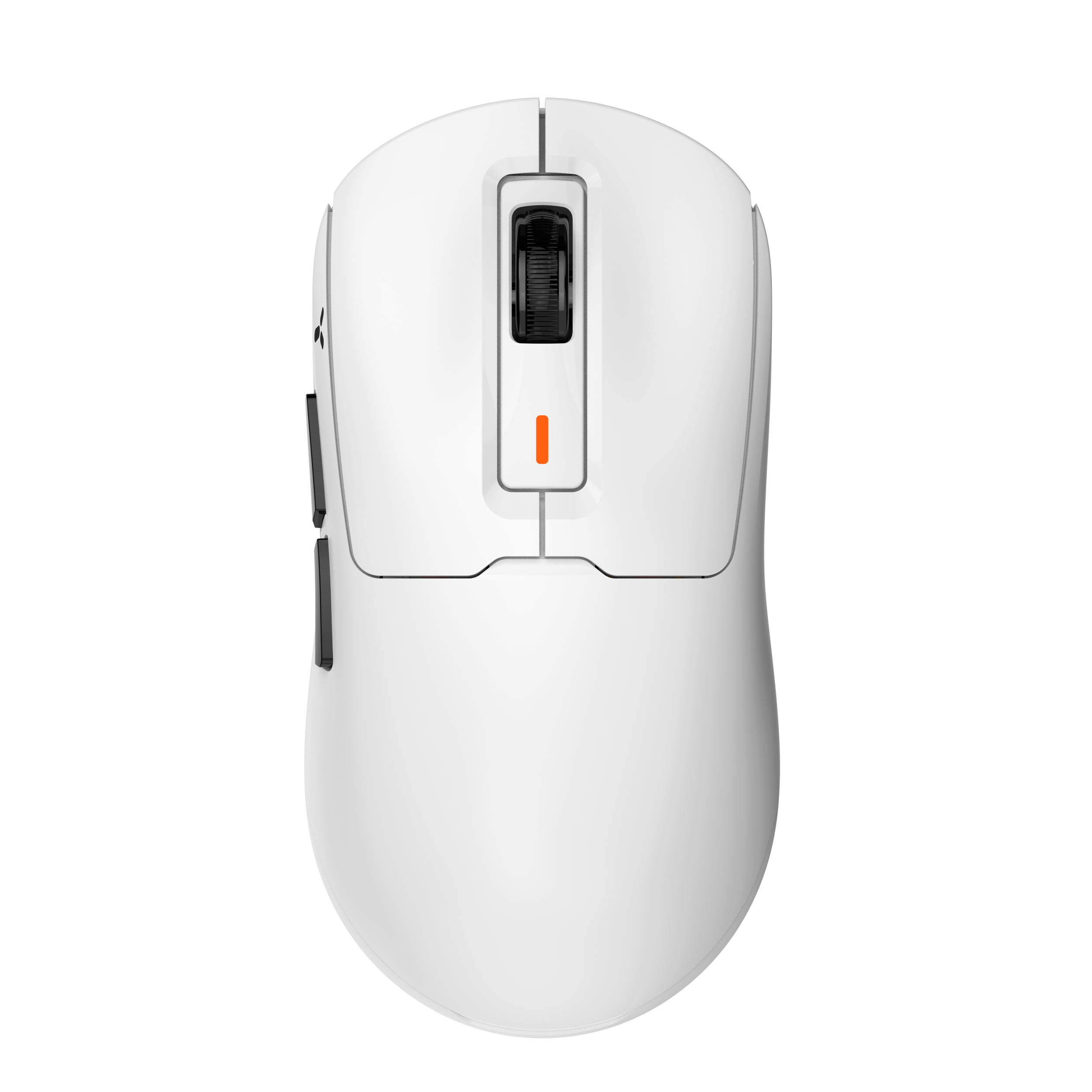 Biała mysz gamingowa z czarnym kółkiem i pomarańczowym akcentem.