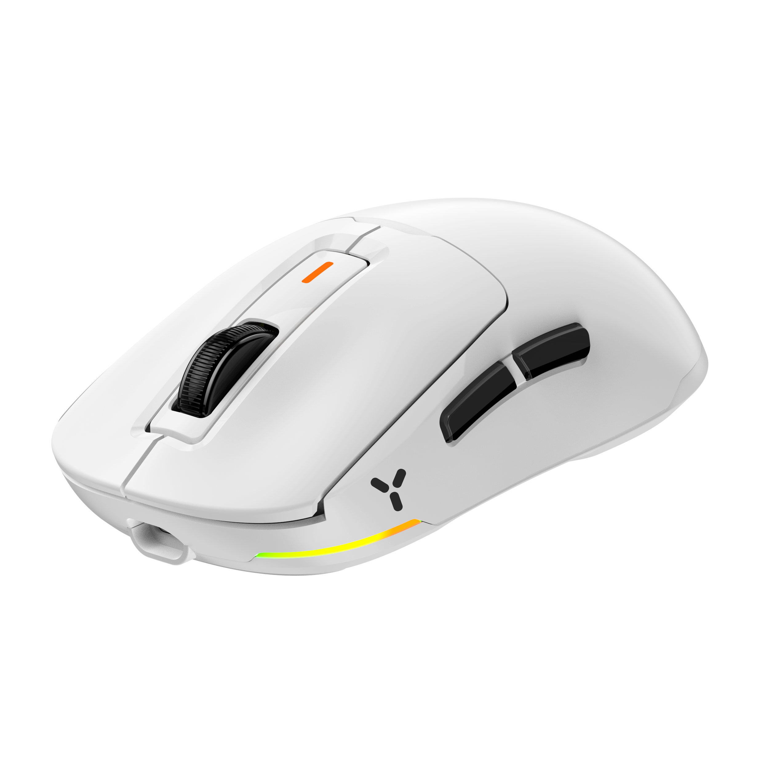 Biała mysz gamingowa z czarnym kółkiem i podświetlanymi akcentami.