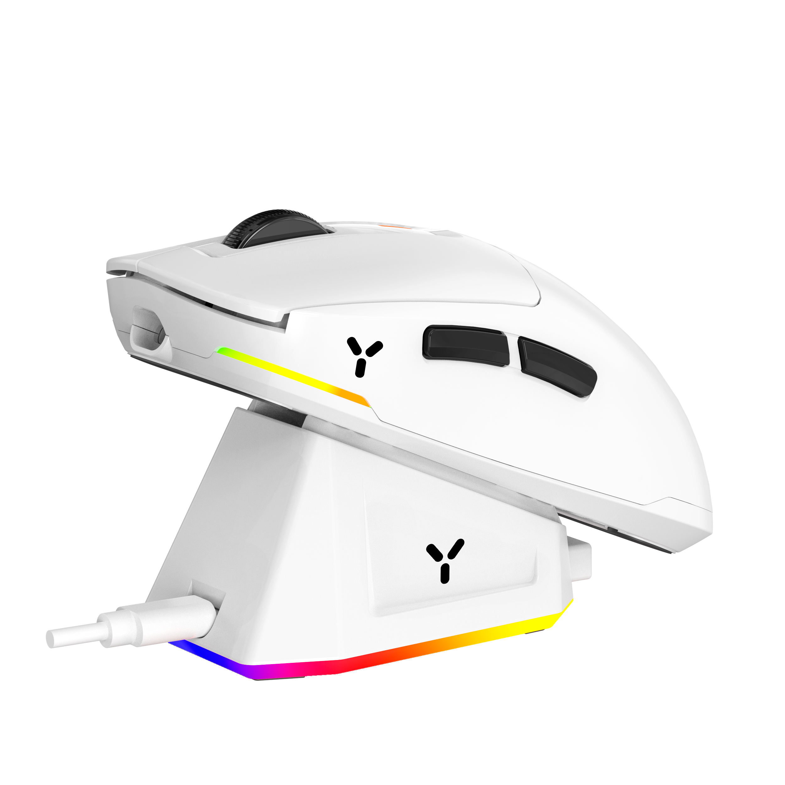 Biała mysz gamingowa z oświetleniem RGB na stacji ładującej.