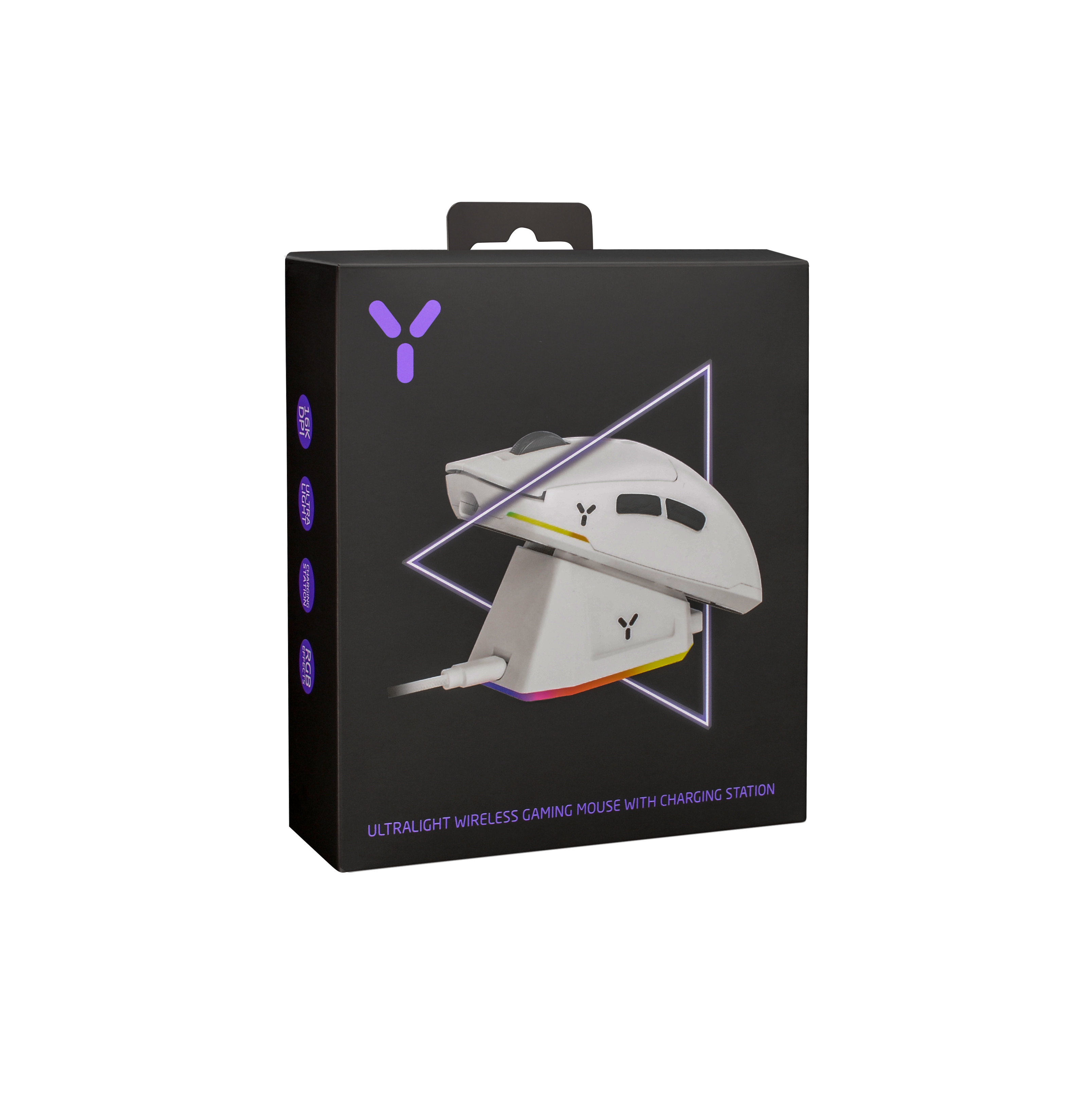 Pudełko białej myszy gamingowej ze stacją ładującą i podświetleniem RGB.