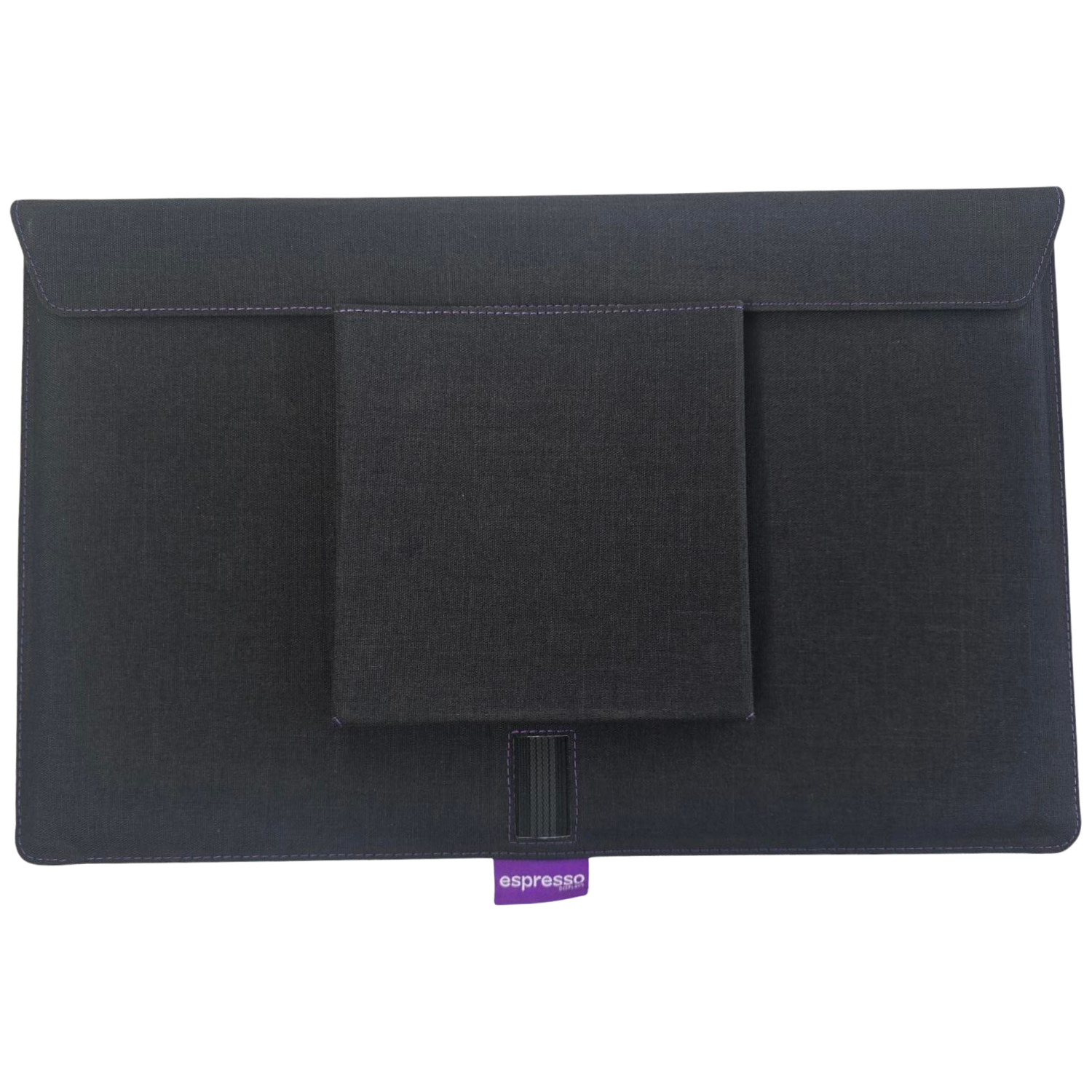 Dark gray sleeve with purple stitching and a small pocket.