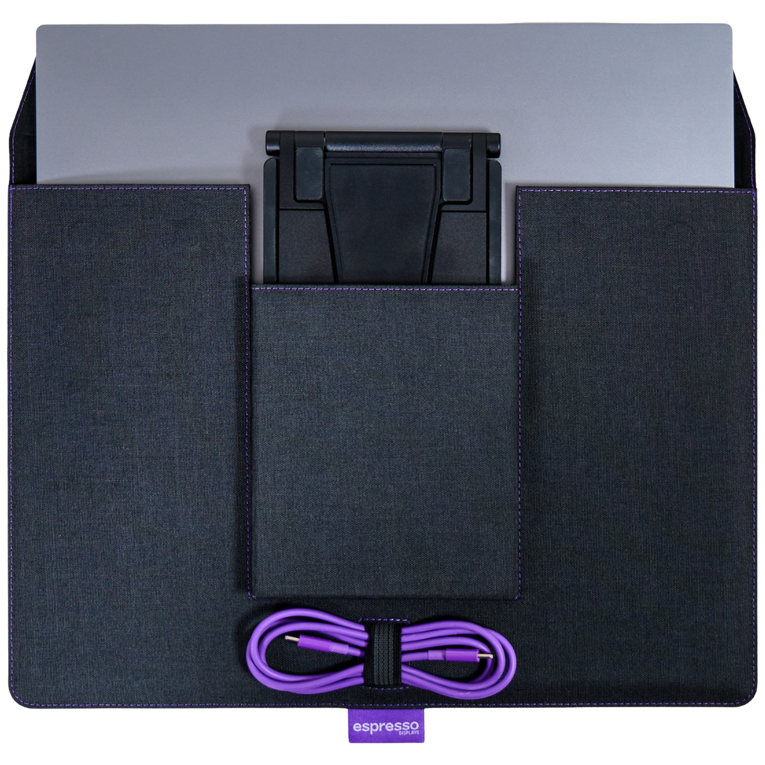 A laptop rests on a black sleeve with purple stitching. A stand and cable are included.