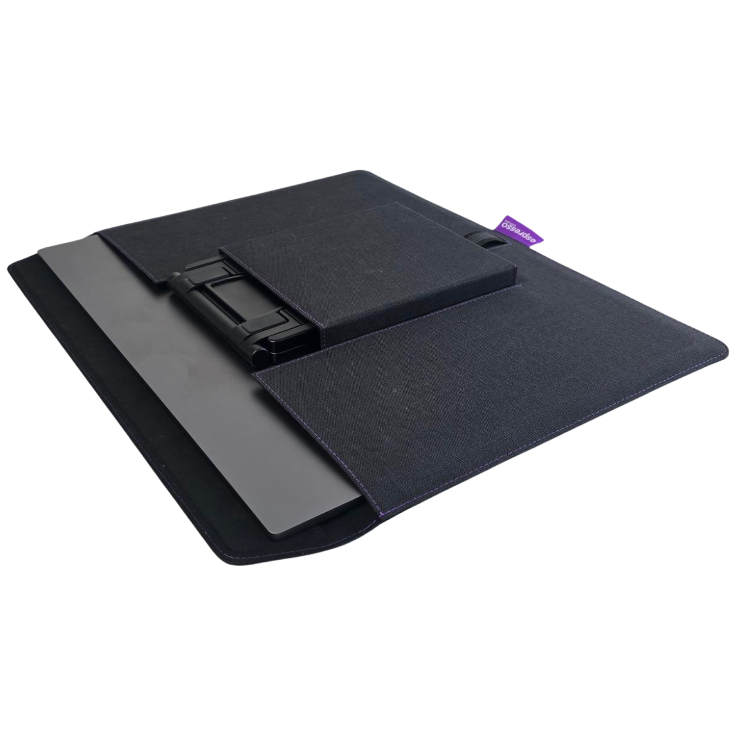 A black laptop case with an integrated stand and a purple tag.