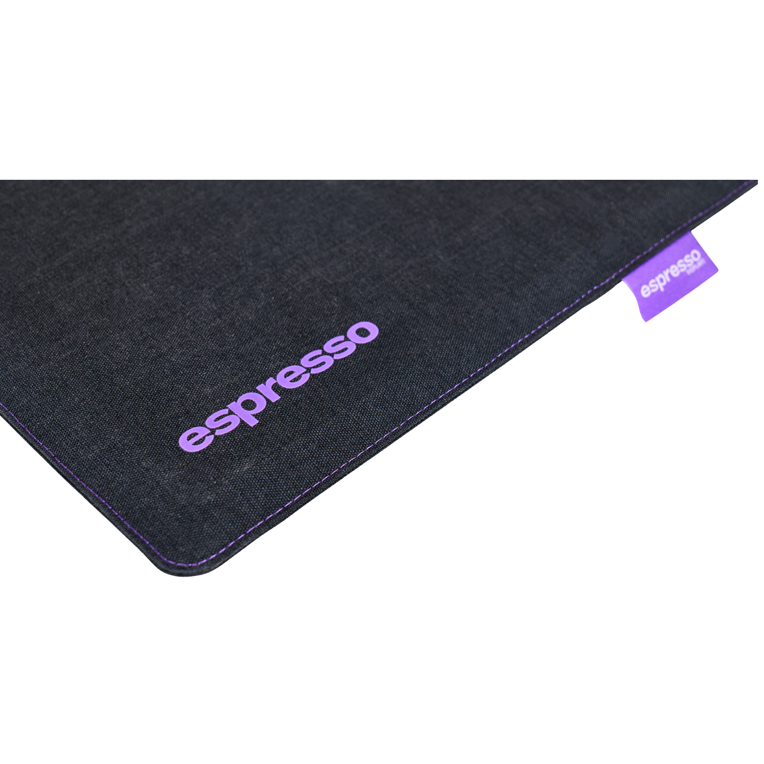 Dark gray fabric with purple logo and stitching.