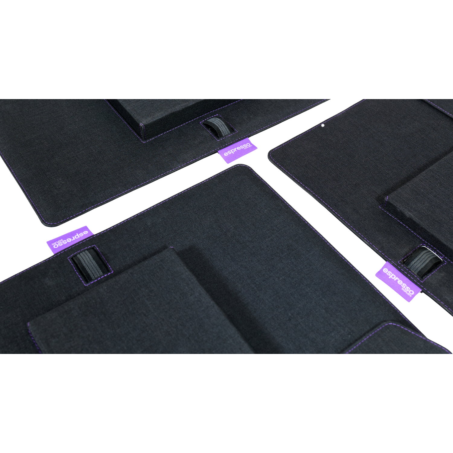 Three dark fabric cases with purple stitching and labels.