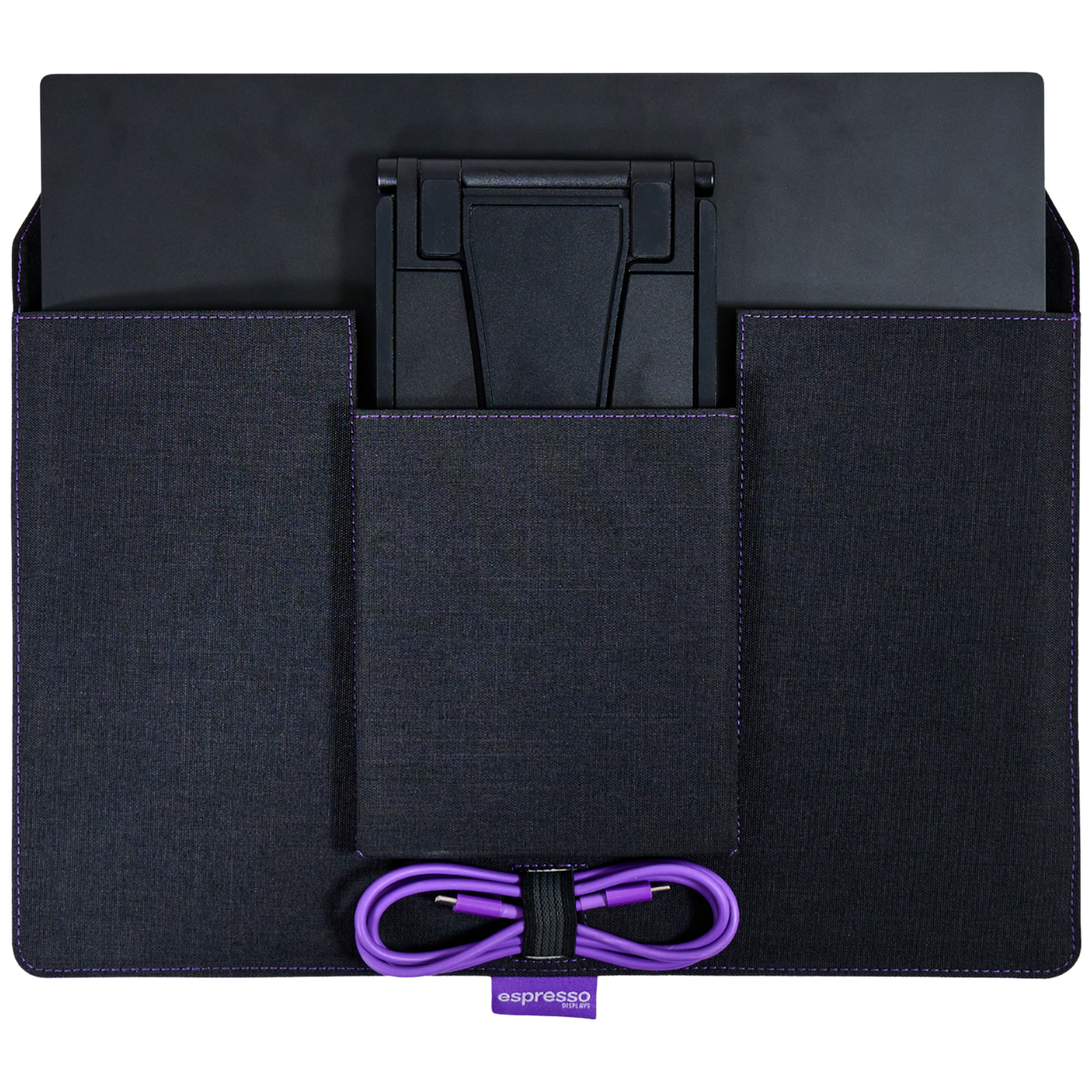 Black bag with purple stitching, a stand, and a purple cable.