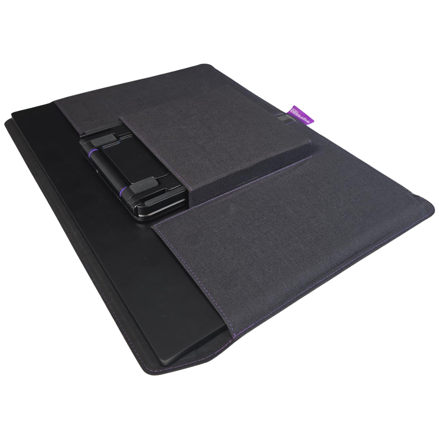 A dark laptop stand with a slim black tablet underneath.