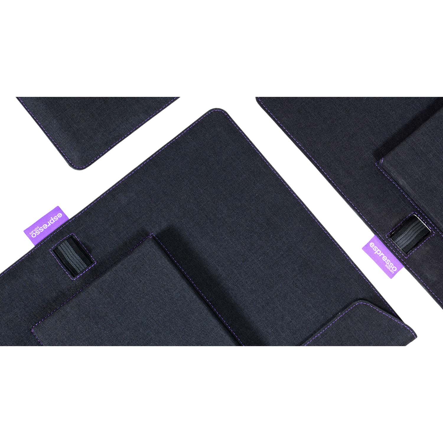 Dark gray fabric cases with purple stitching and branding.
