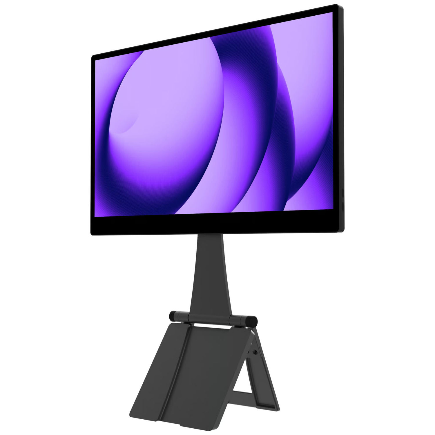A black monitor stands on a black stand, displaying a purple pattern.