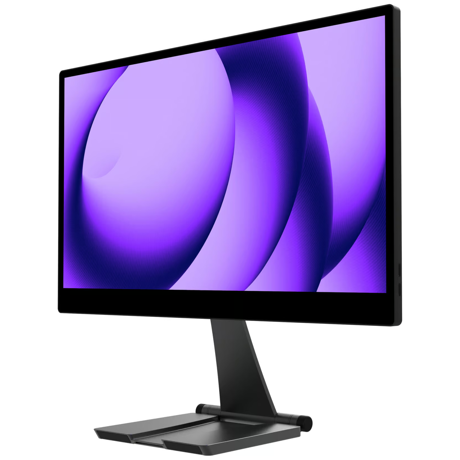A modern black monitor displays a purple abstract pattern on its screen.
