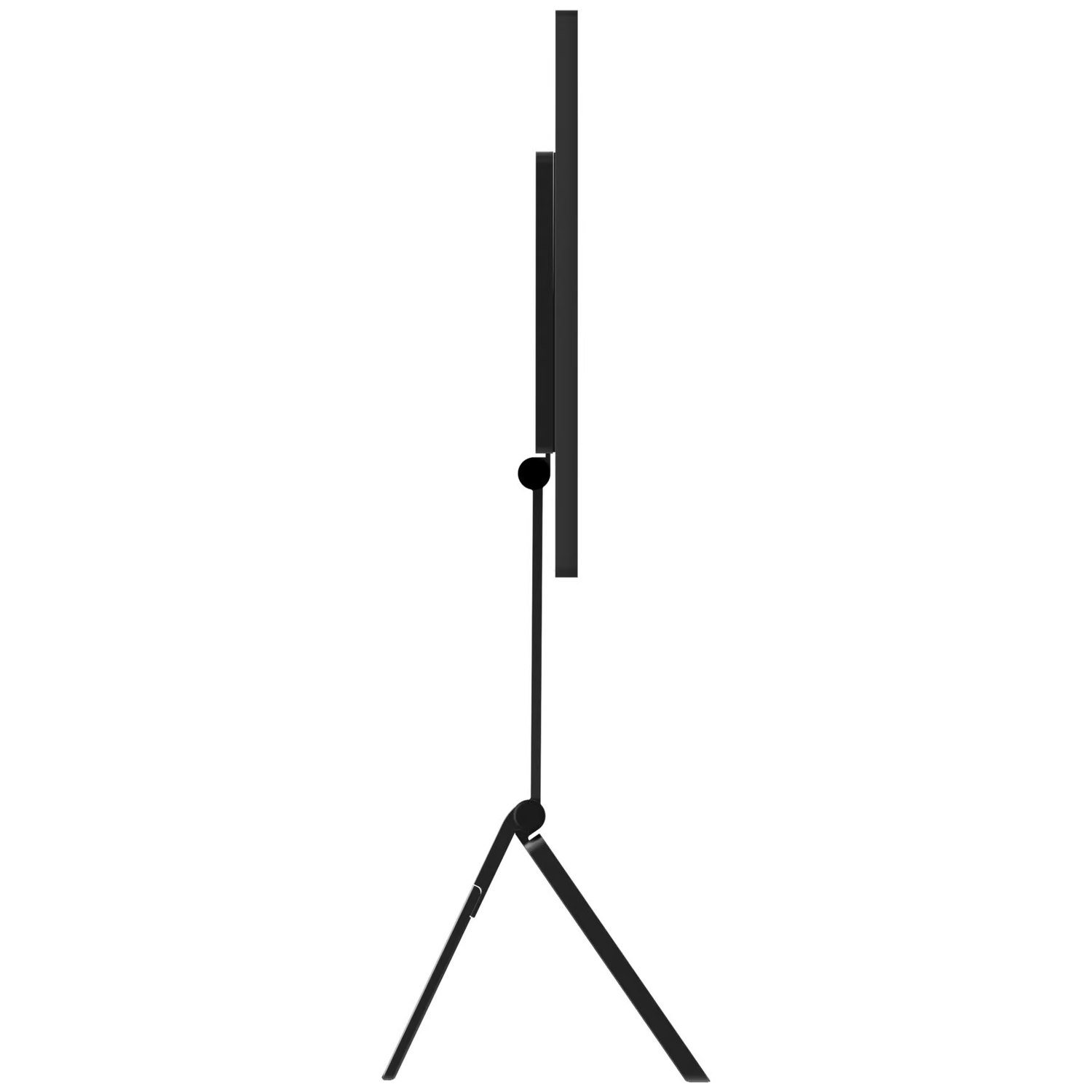 A black monitor stands on a tripod base against a white background.