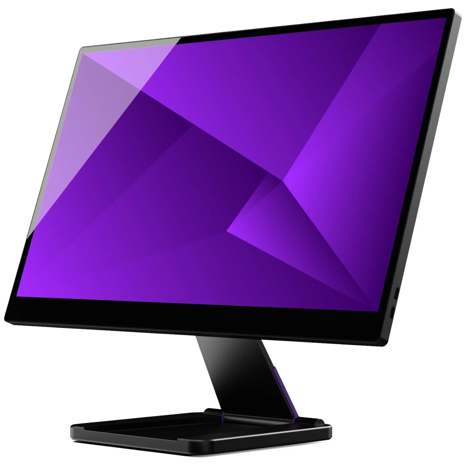 Een zwarte computermonitor met een paarse geometrische achtergrond op een standaard.