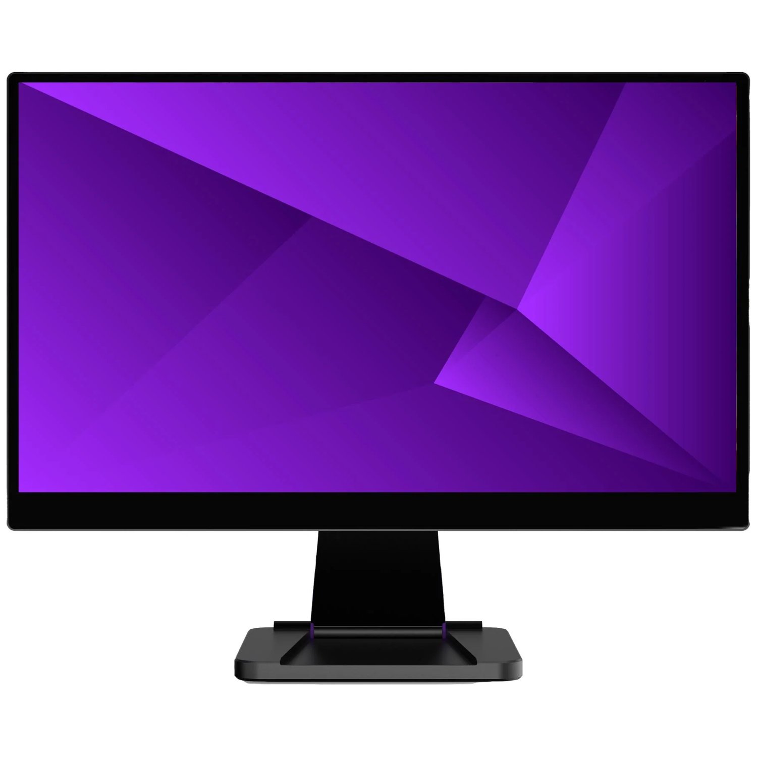 Een zwarte computermonitor met een paars geometrisch behang op het scherm.