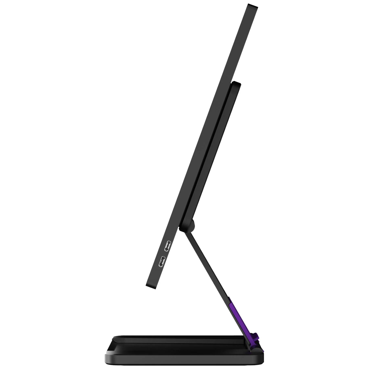 Zwarte monitor op een standaard met paarse accenten en USB-C poorten.