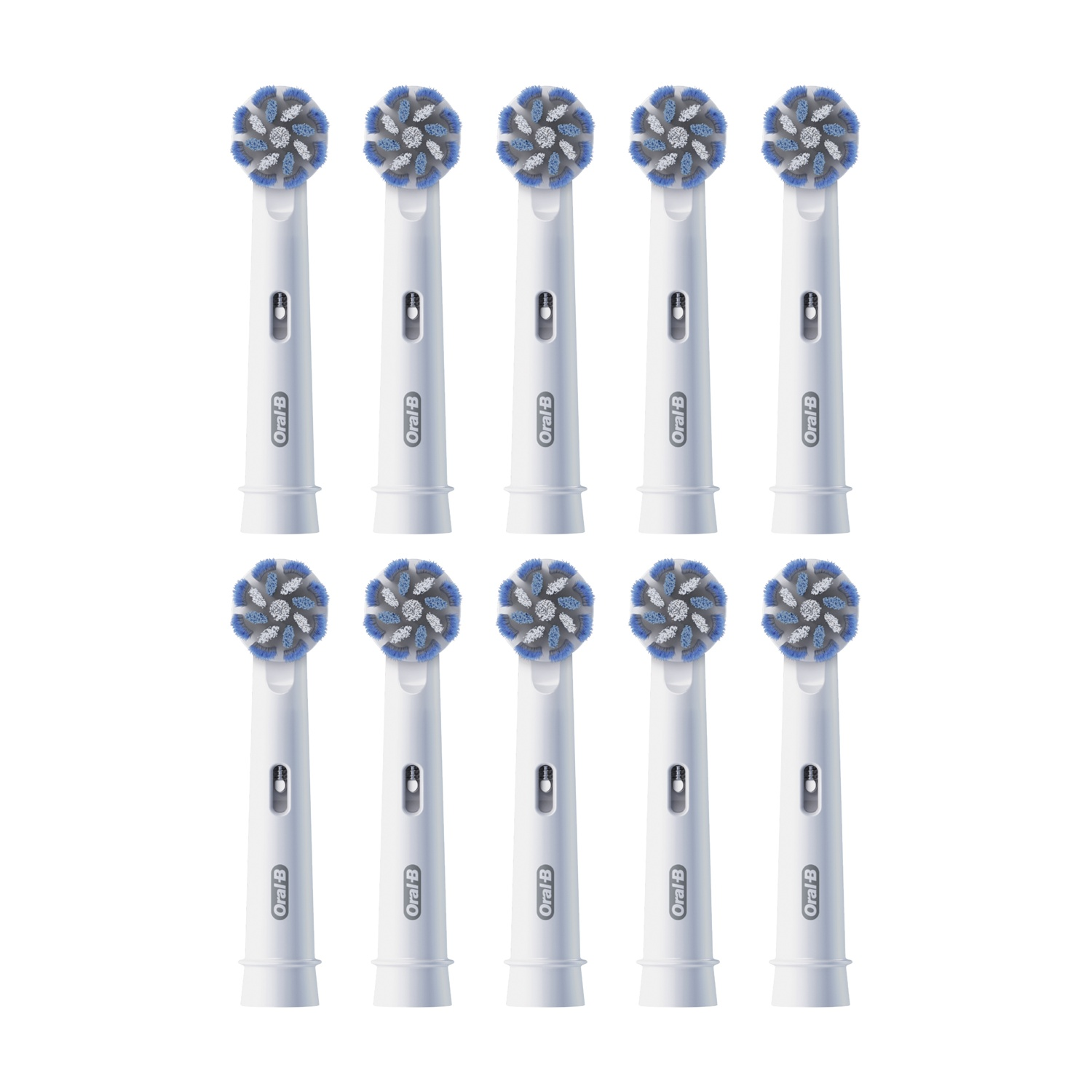 Dieci testine Oral-B bianche con setole blu e grigie su sfondo bianco.