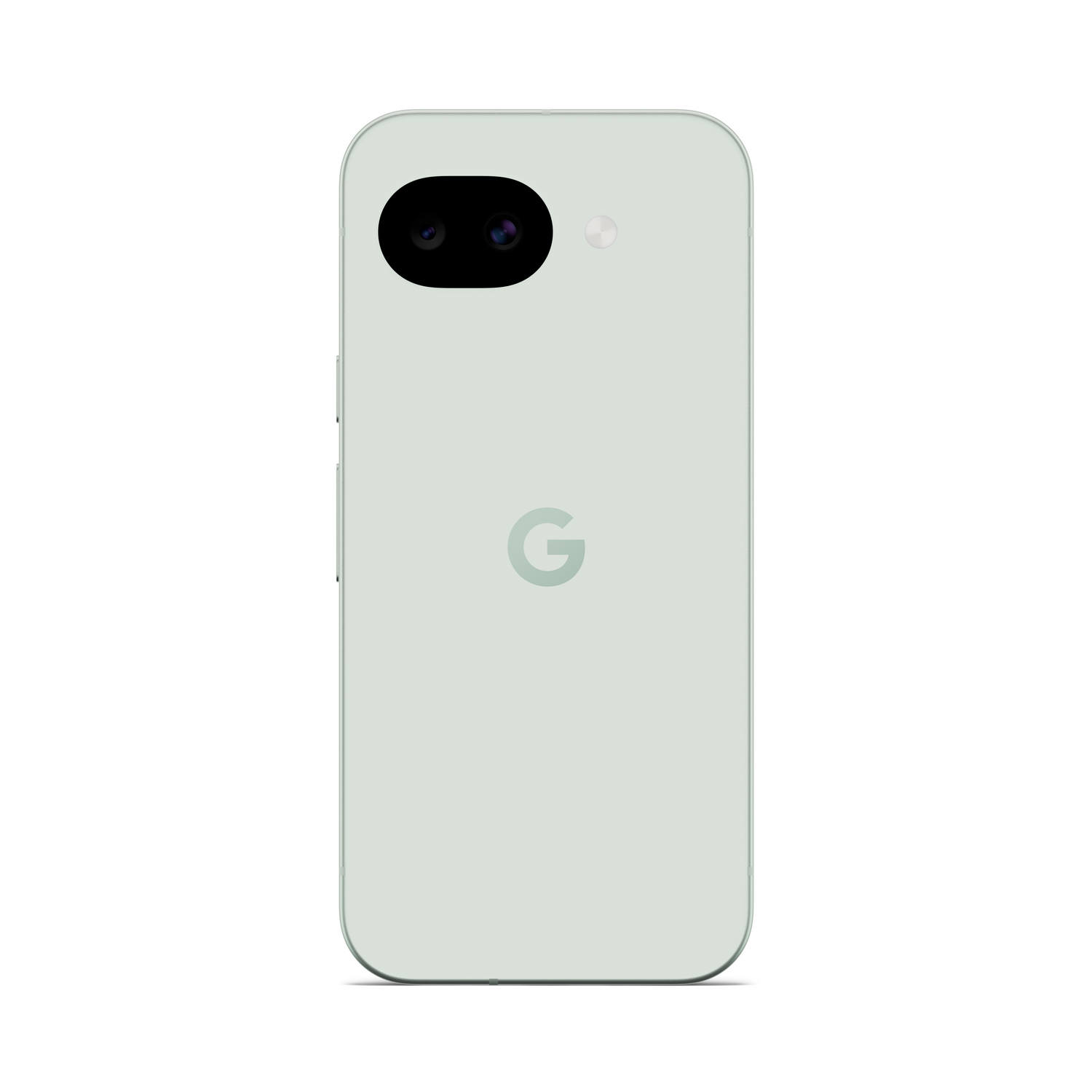 Parte trasera de un teléfono Google Pixel verde claro con dos cámaras y logo G.