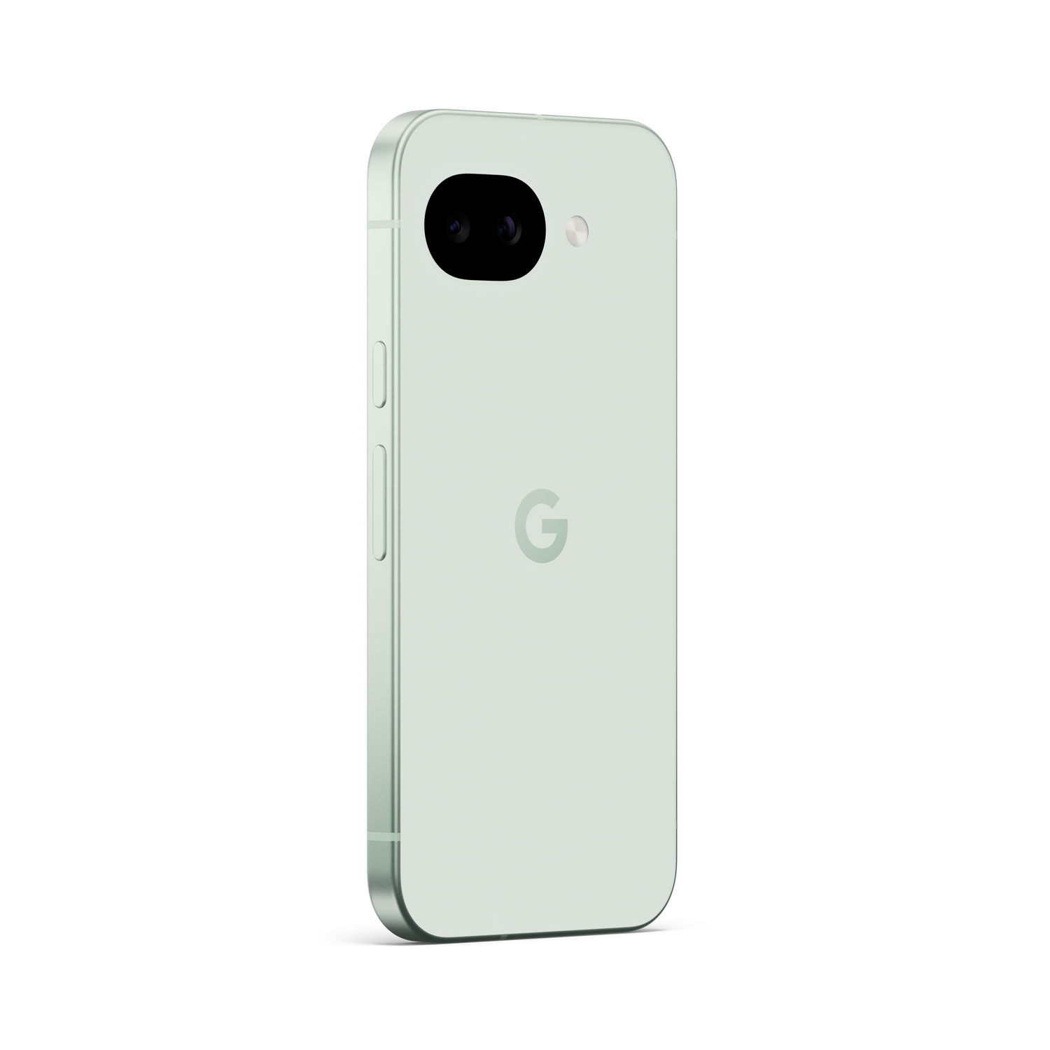 Parte trasera de un smartphone Google Pixel verde claro con dos cámaras y logo de Google.