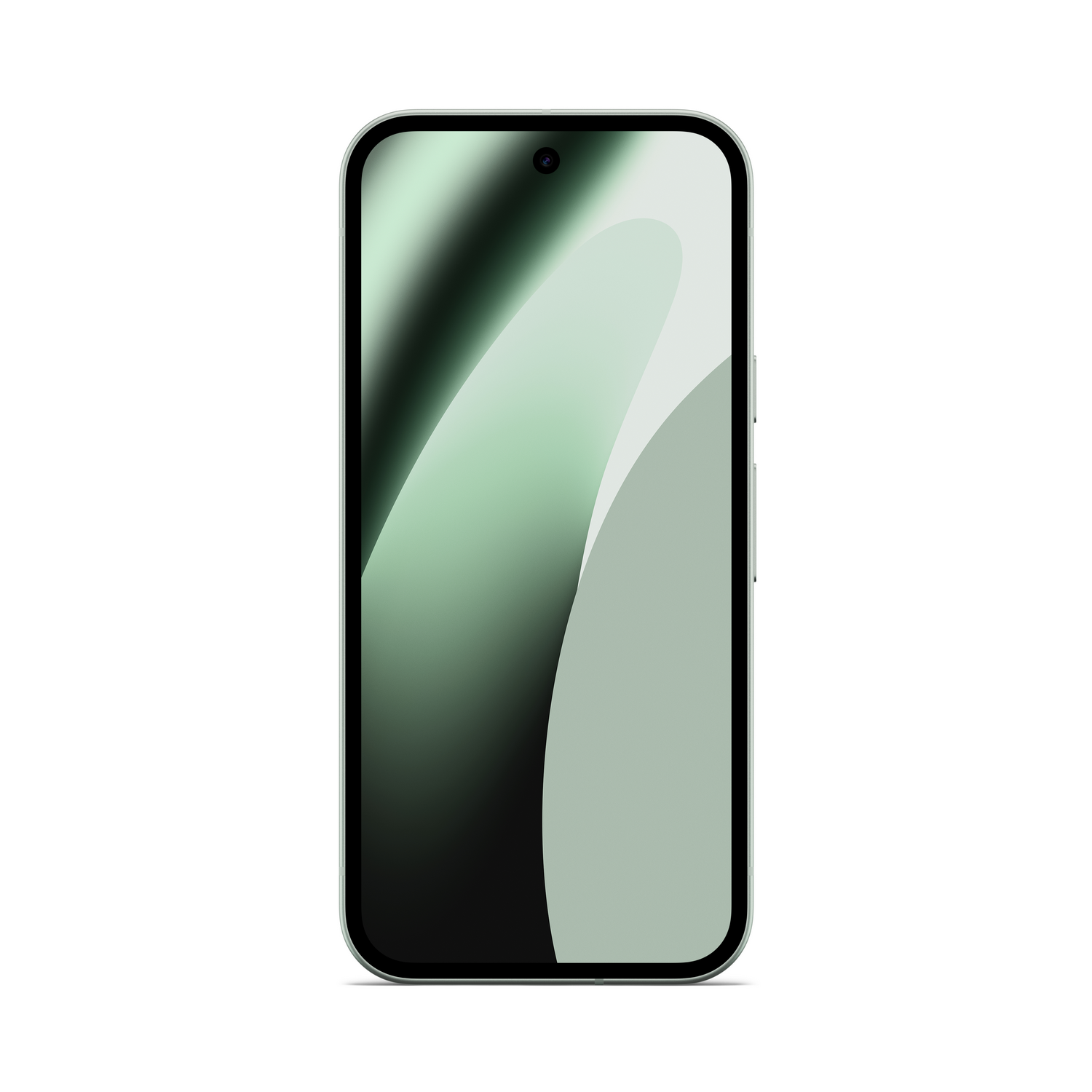 Un elegante smartphone con marco plateado y fondo de pantalla degradado verde.