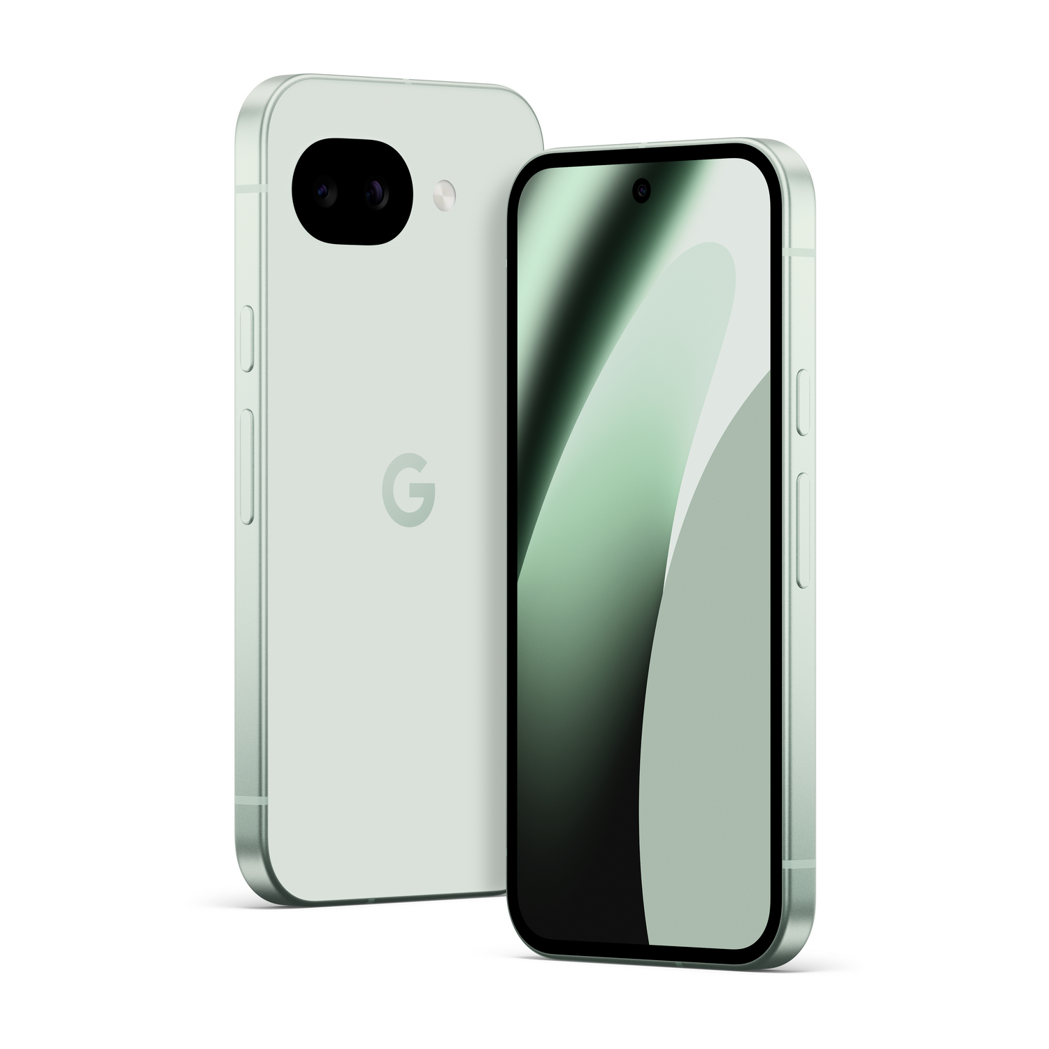 Dos smartphones verde claro uno al lado del otro. Uno muestra la parte trasera con cámara y logo.
