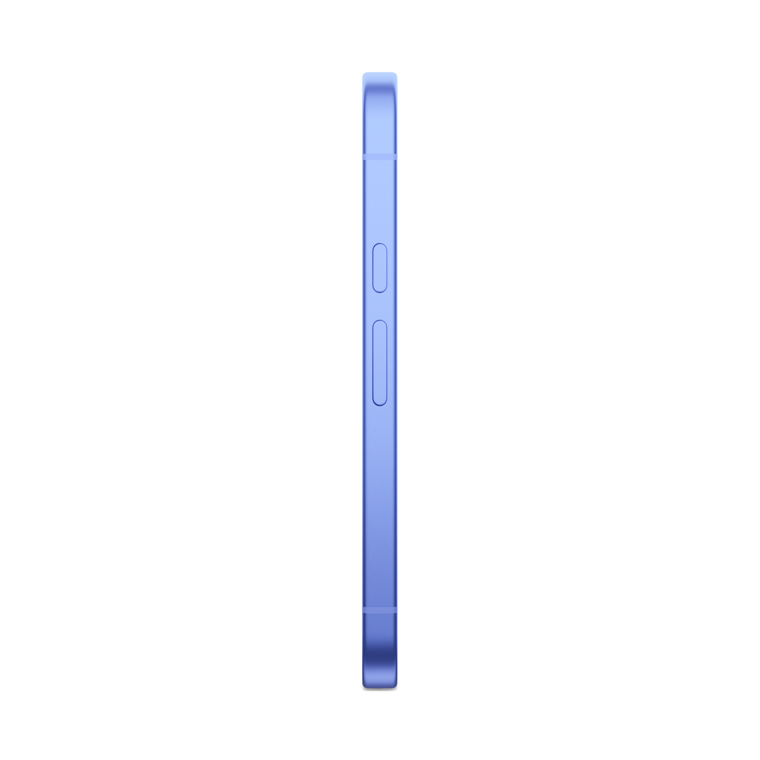 El lateral de un smartphone azul con botones, visto de perfil sobre blanco.