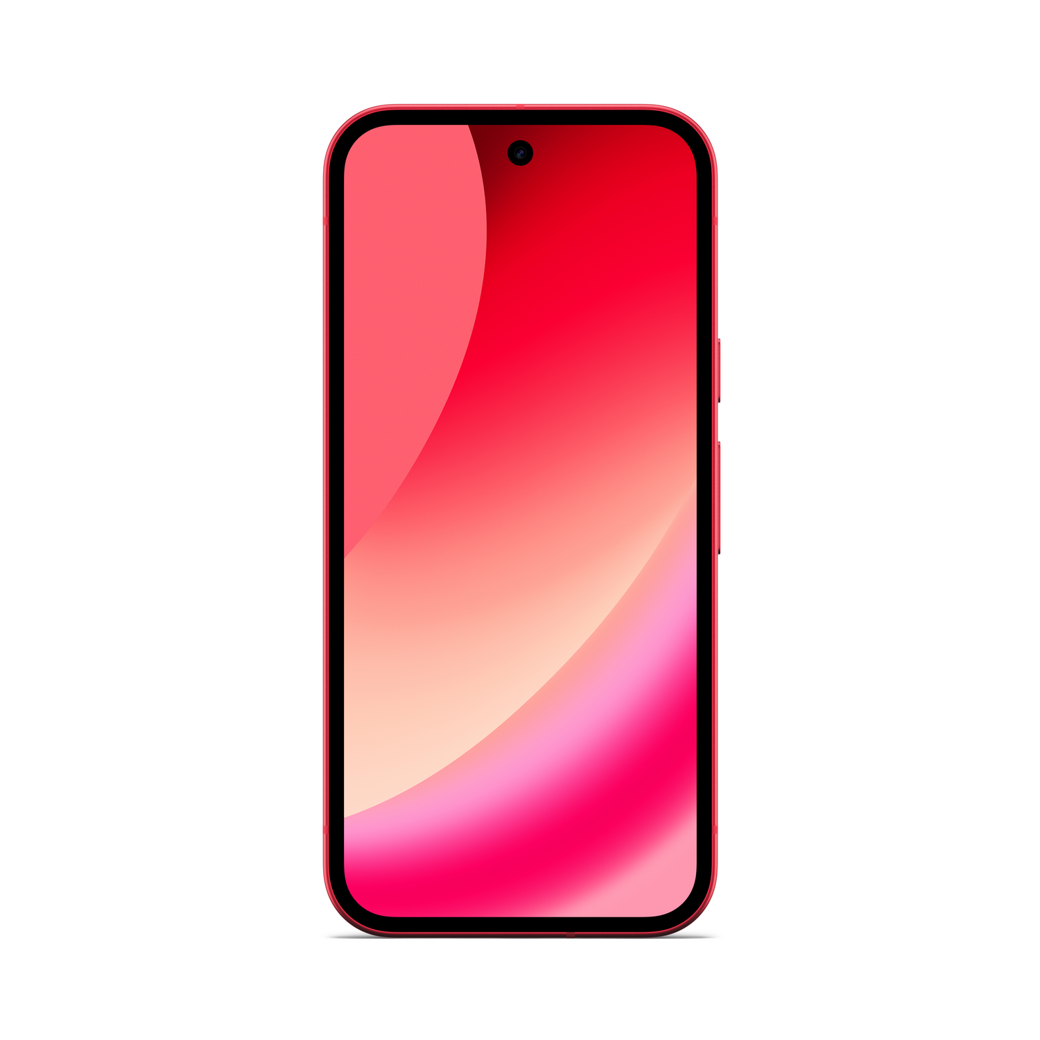 Teléfono inteligente rojo con pantalla degradada sobre fondo blanco.