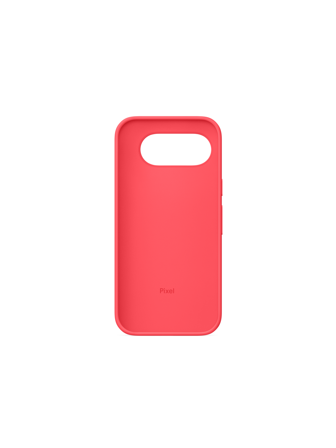 Una funda de teléfono rojo coral con recorte ovalado y logo Pixel.