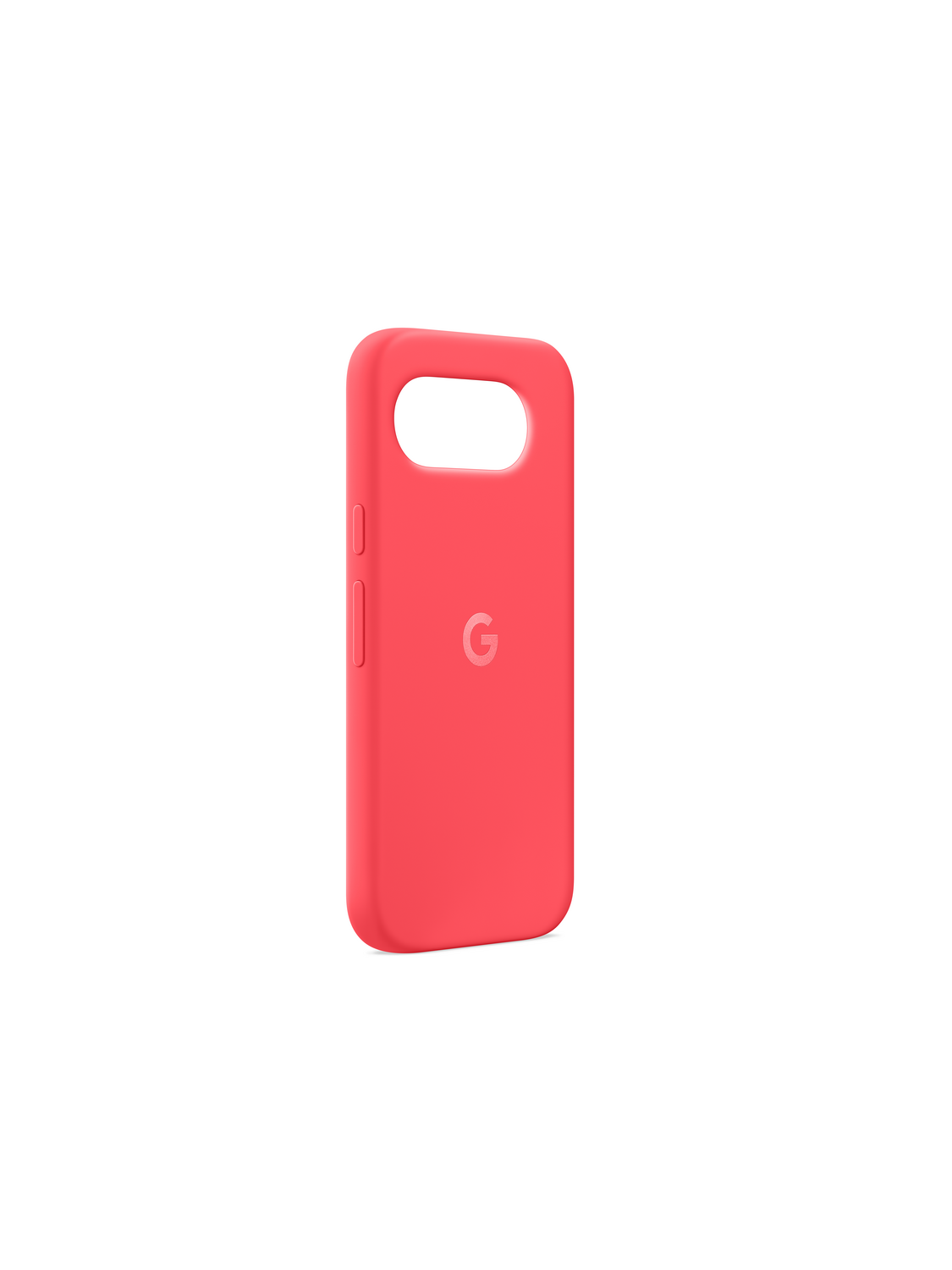Una funda roja de Google con un recorte ovalado arriba.