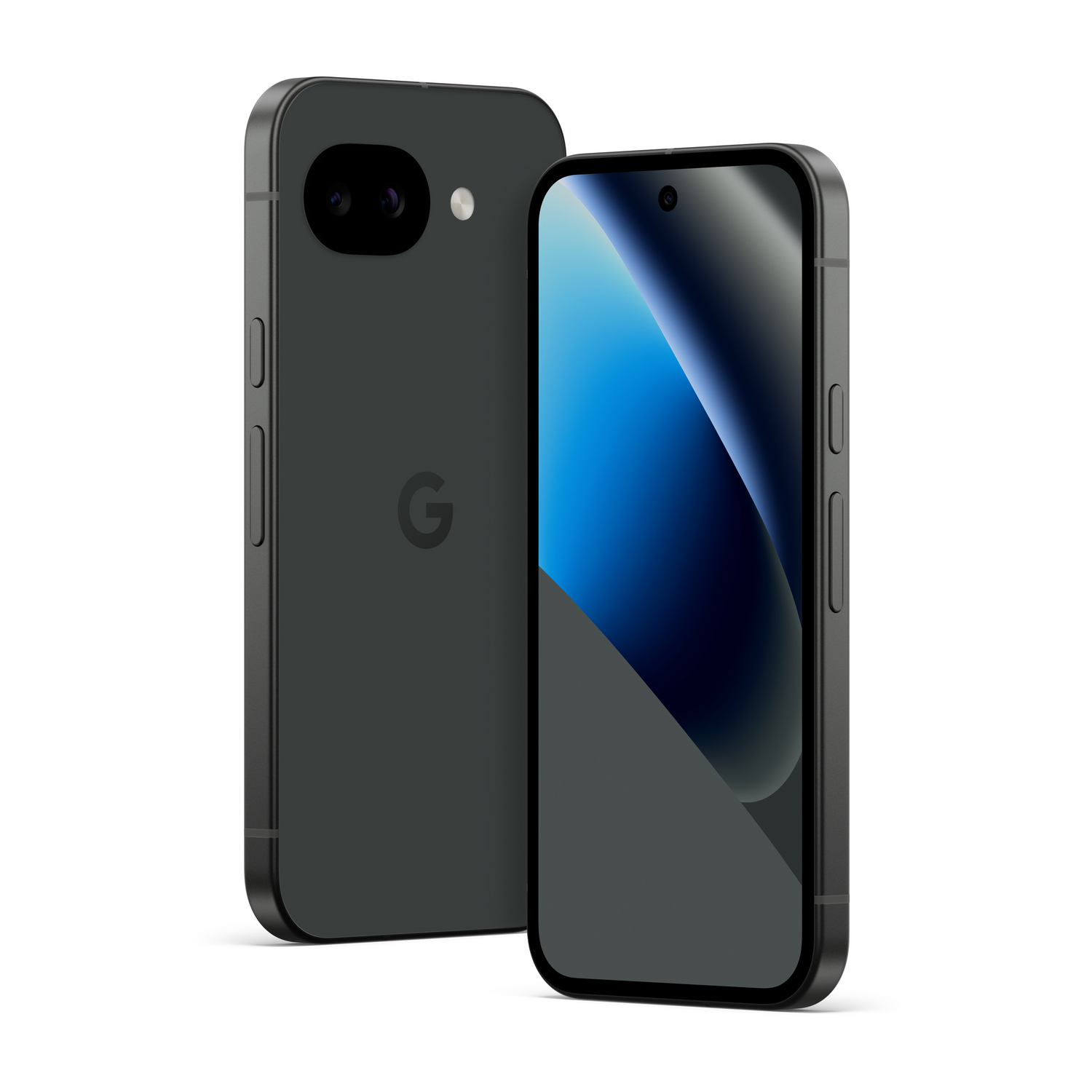 Dos teléfonos inteligentes oscuros con logo de Google, uno de espaldas, uno de frente.