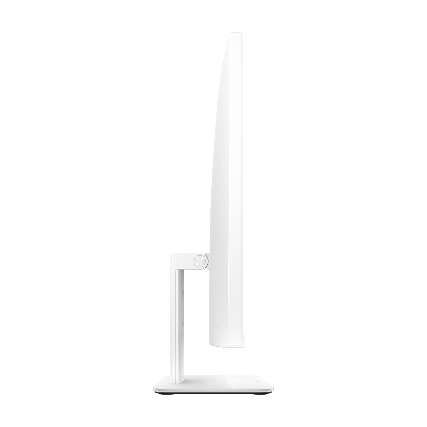 Un monitor di computer bianco visto di lato, su sfondo bianco.