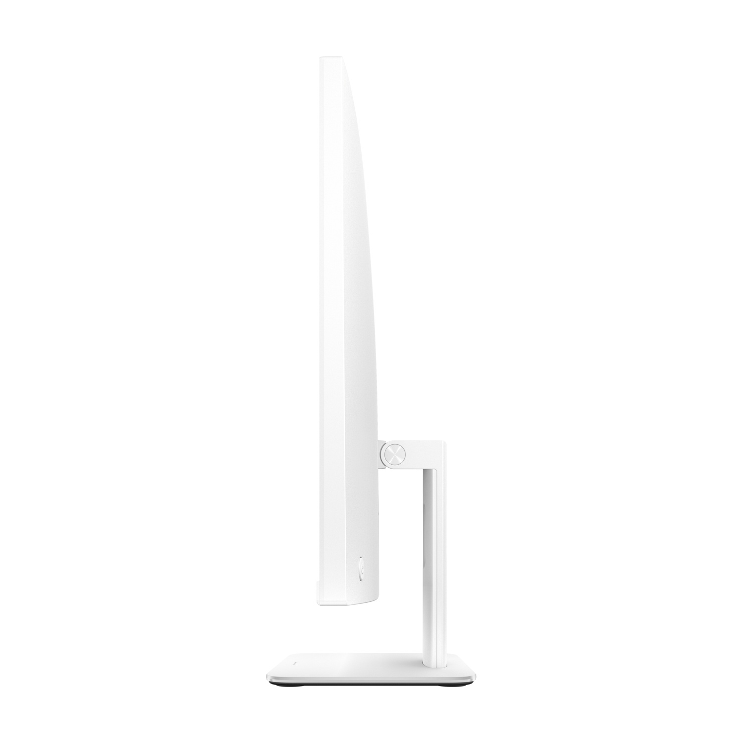 Un monitor di computer bianco visto di lato con supporto bianco.