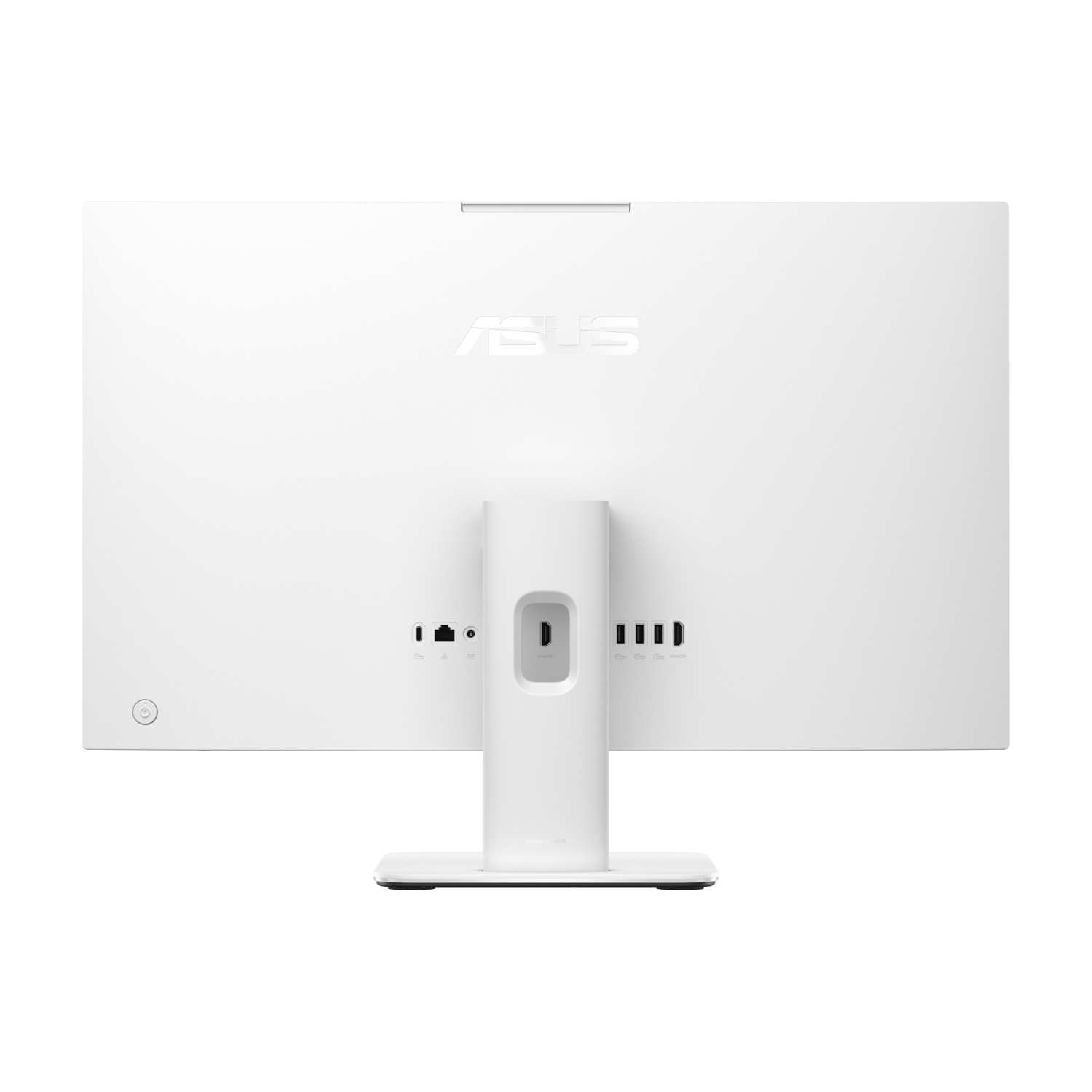 Vista posteriore computer Asus bianco con porte e supporto. Design minimalista.