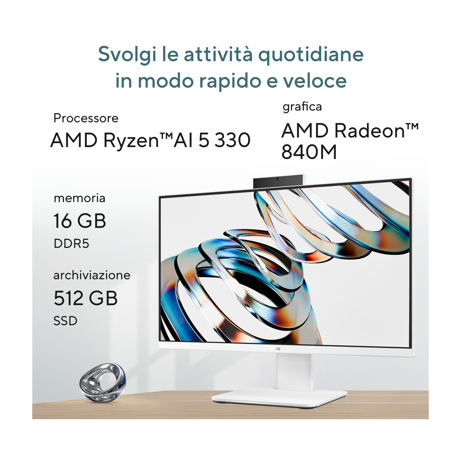 Un PC all-in-one con processore AMD Ryzen, 16 GB di RAM DDR5 e SSD da 512 GB.