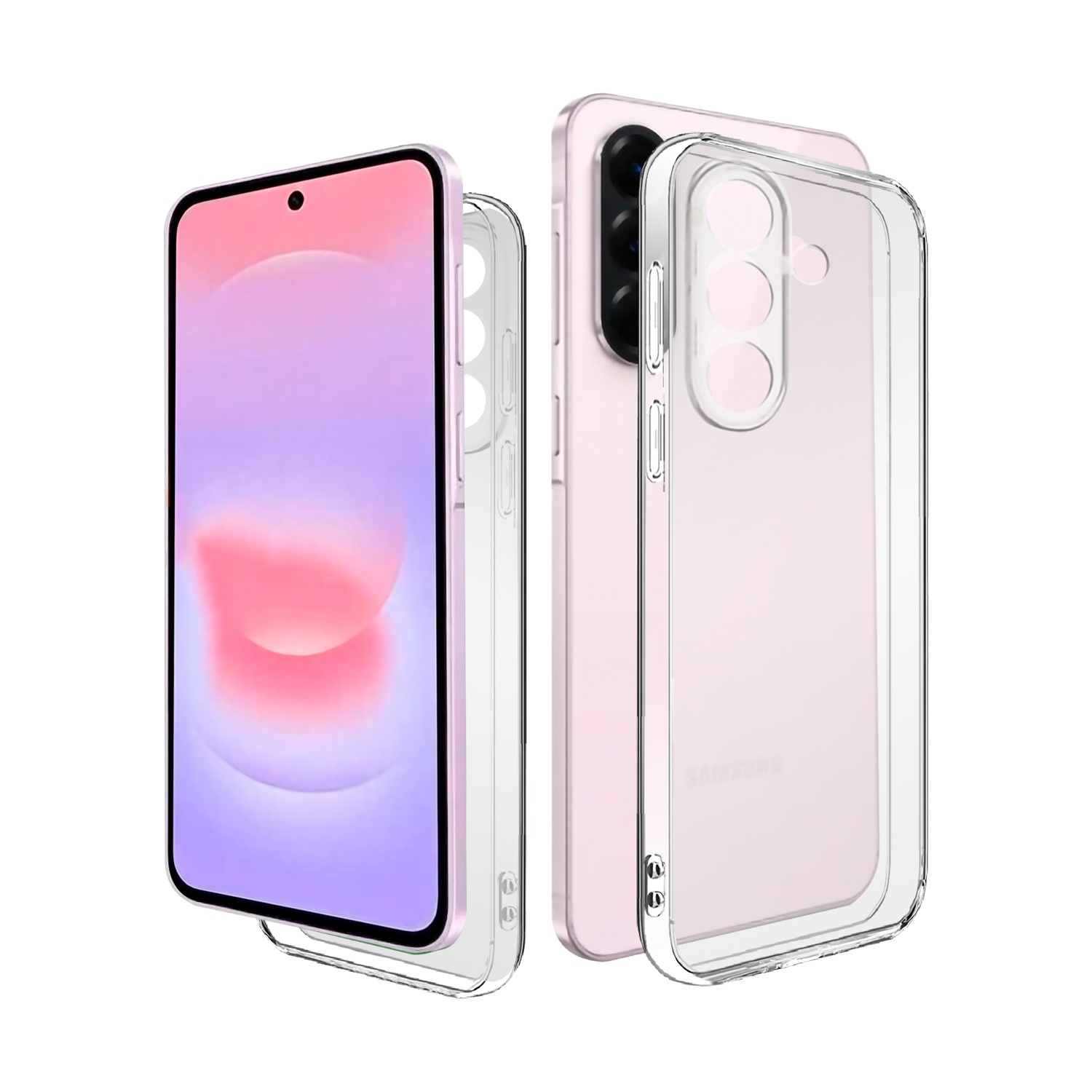 Uno smartphone rosa con custodia trasparente, esposto su una superficie bianca.