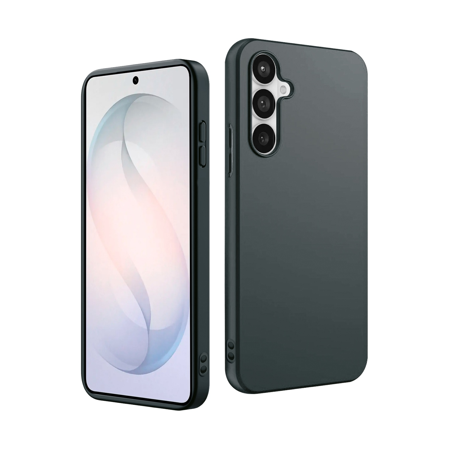 Uno smartphone scuro con tripla fotocamera e custodia nera, visto fronte e retro.