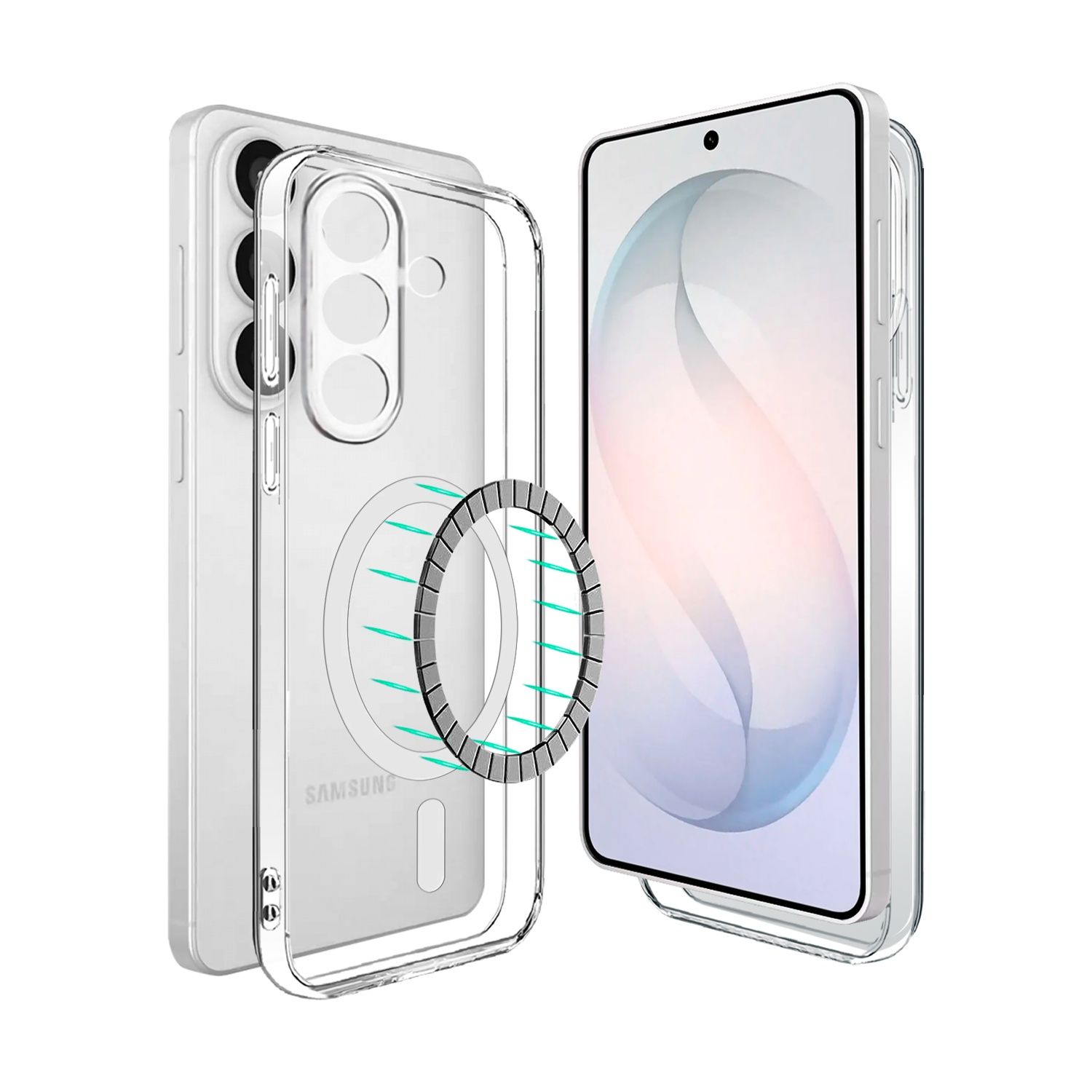 Una custodia trasparente per telefono con anello magnetico e smartphone.