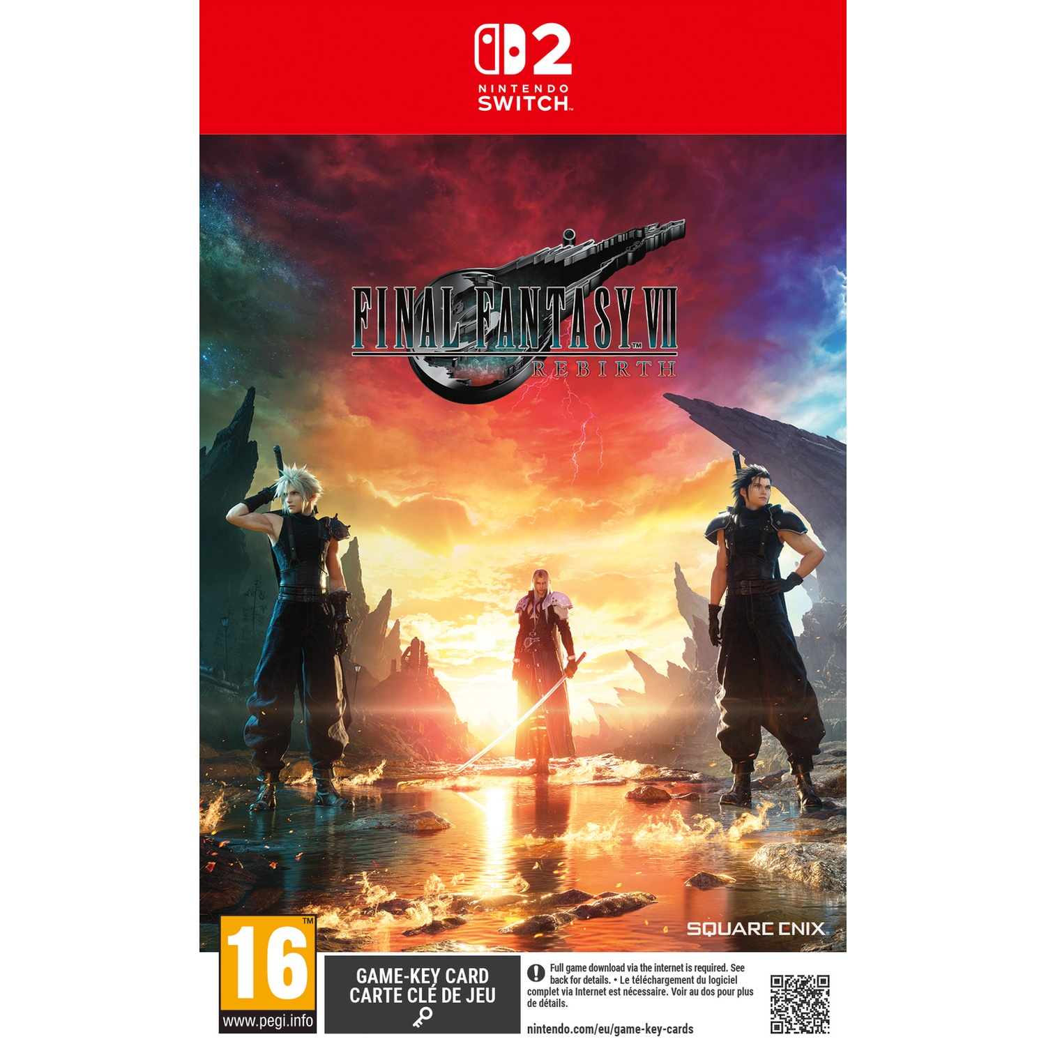 Drie mannen in een waterlandschap met dramatische lucht. Final Fantasy VII logo.