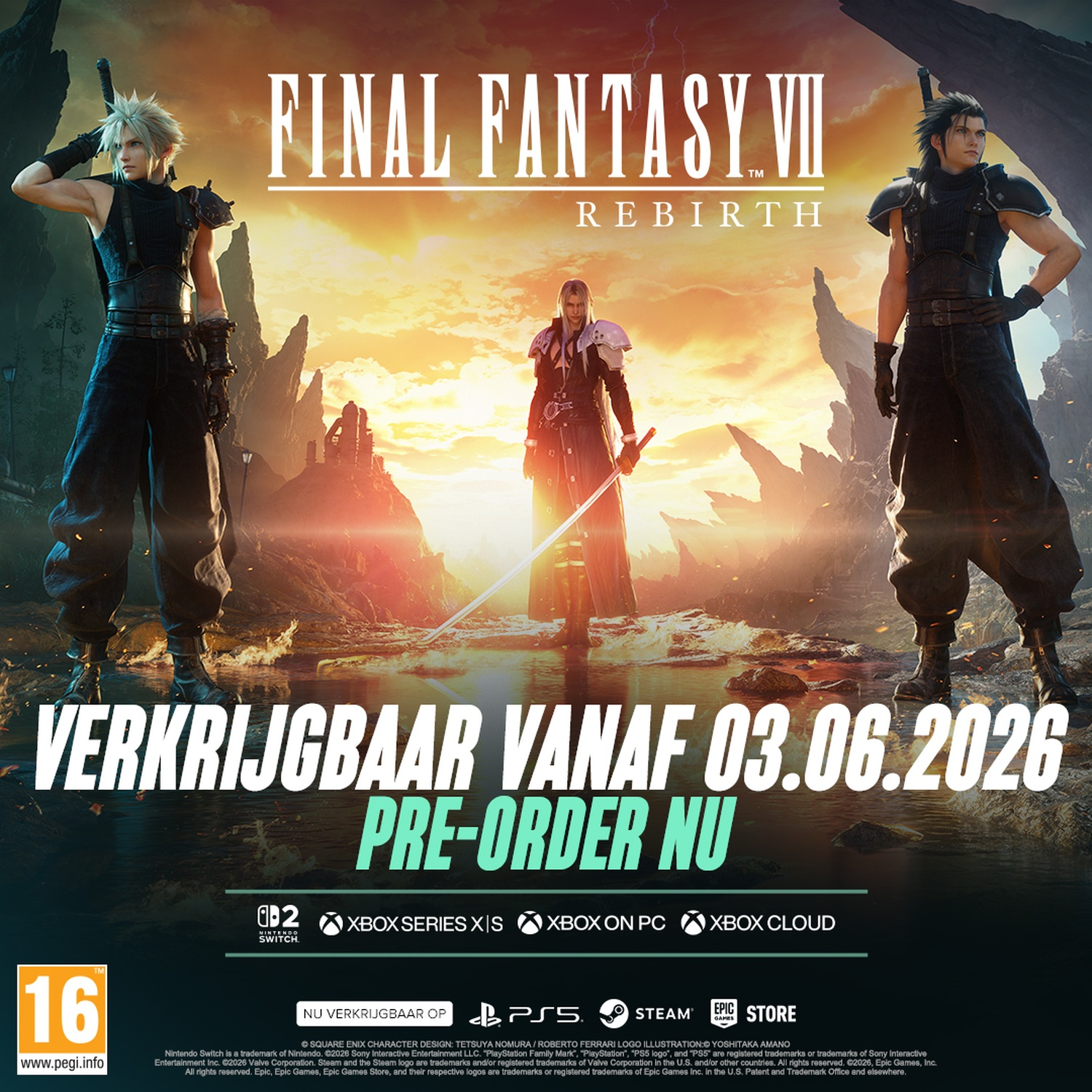 Cloud, Sephiroth en Zack voor een zonnige hemel. Final Fantasy VII Rebirth.