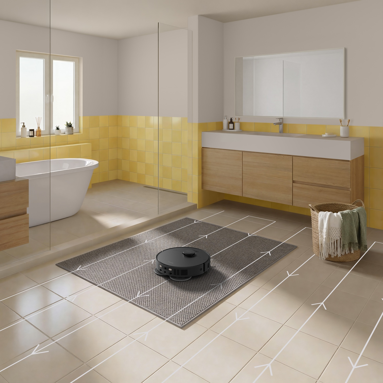 Un robot aspirapolvere pulisce un tappeto in un bagno moderno con piastrelle d'accento gialle.