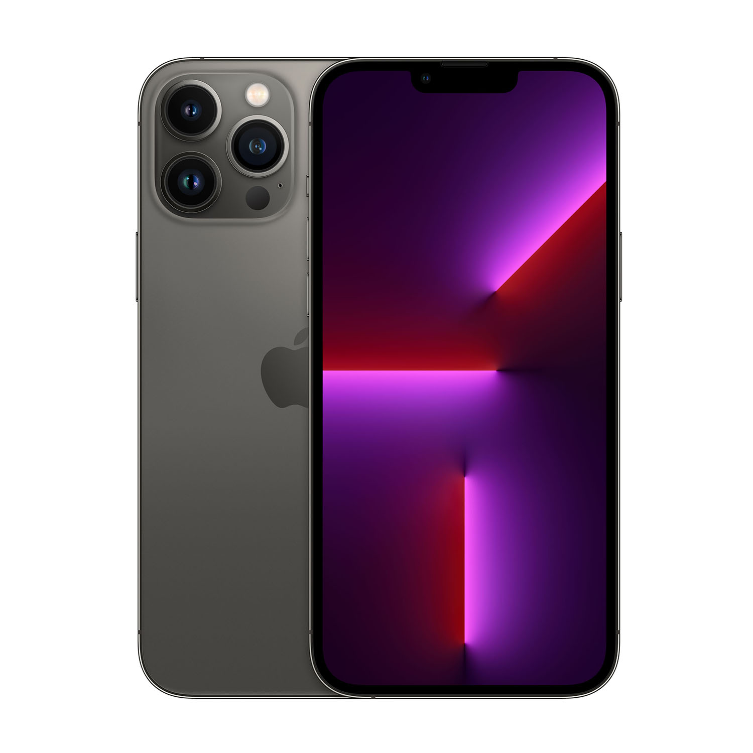 Un iPhone grigio con tre fotocamere sul retro e un display viola e rosso.