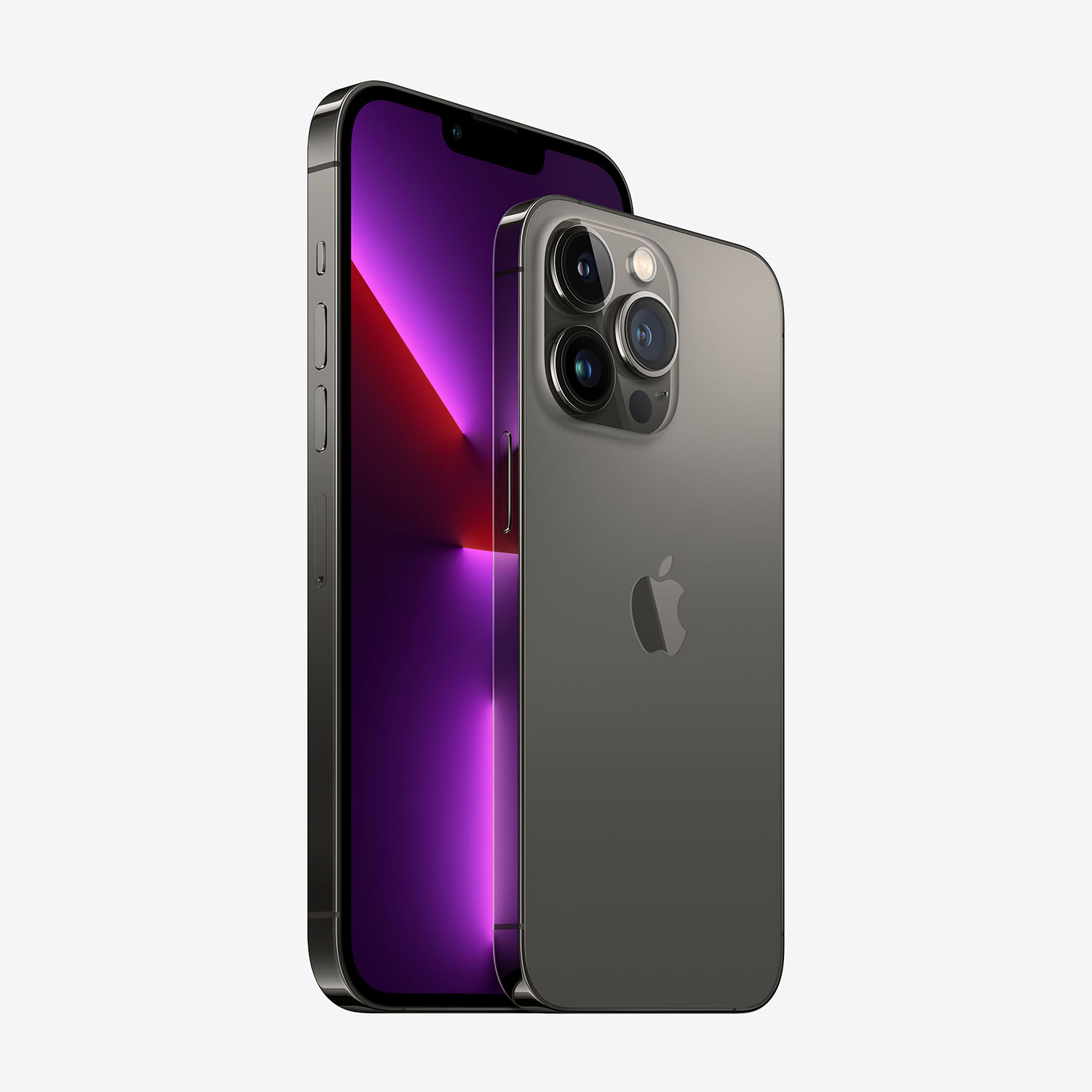 Un iPhone grigio con tre fotocamere e schermo viola.