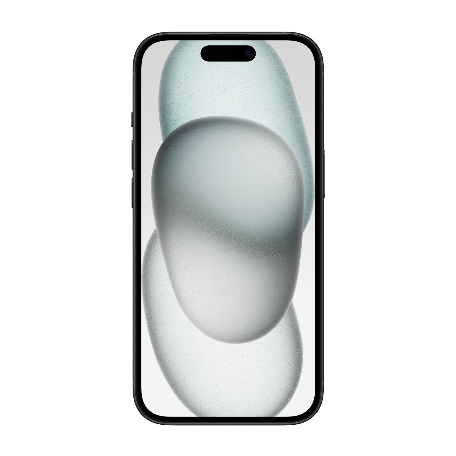 Uno smartphone nero con uno sfondo stilizzato di forme sfocate blu e grigie.