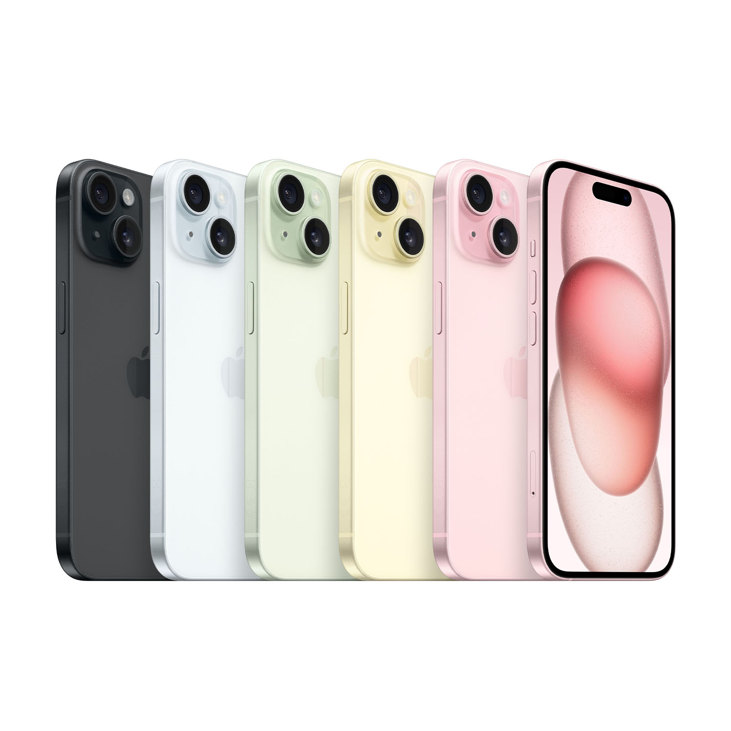 Cinque iPhone neri, bianchi, verde chiaro, gialli e rosa sono uno accanto all'altro.
