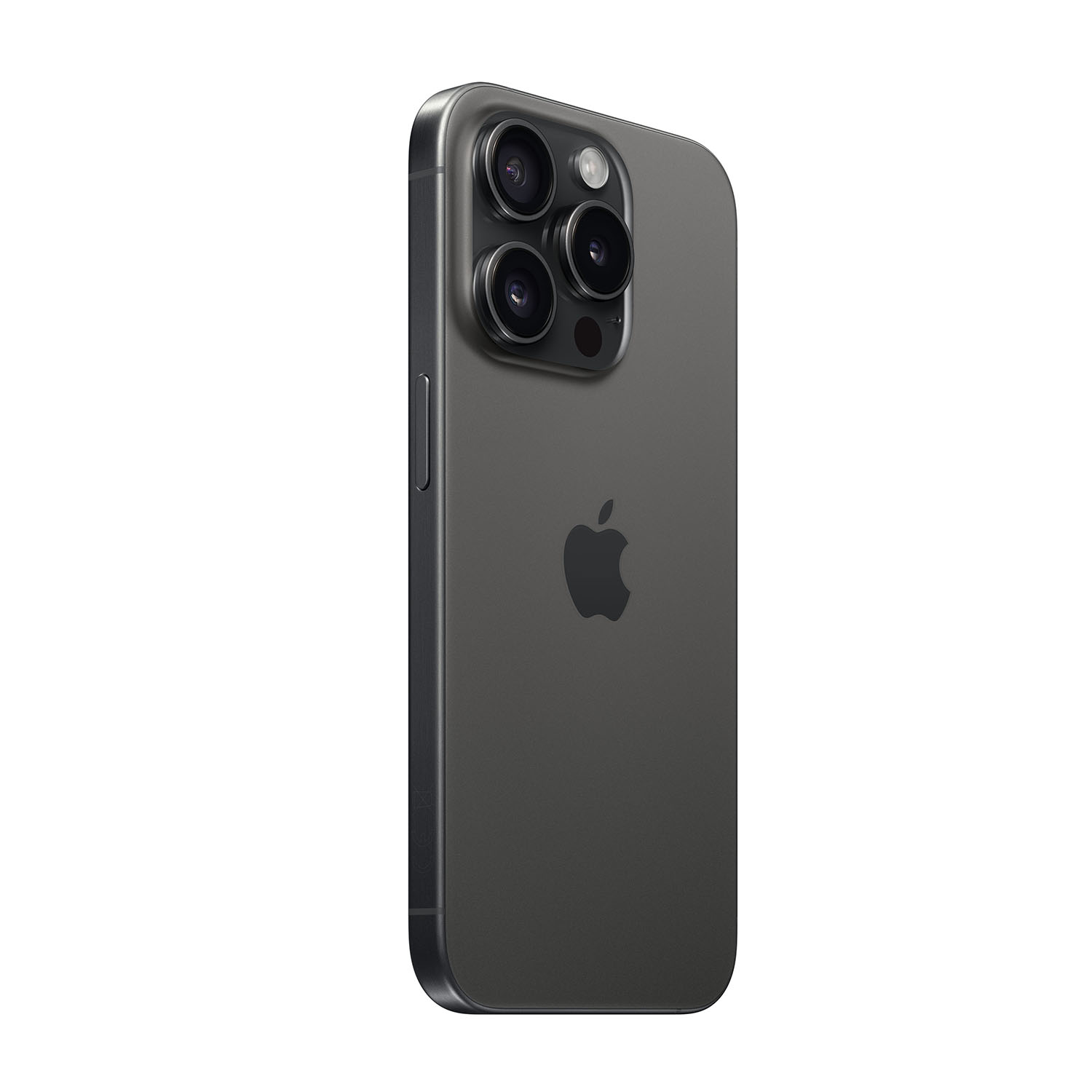 iPhone grigio scuro con tre fotocamere e logo Apple su sfondo bianco.