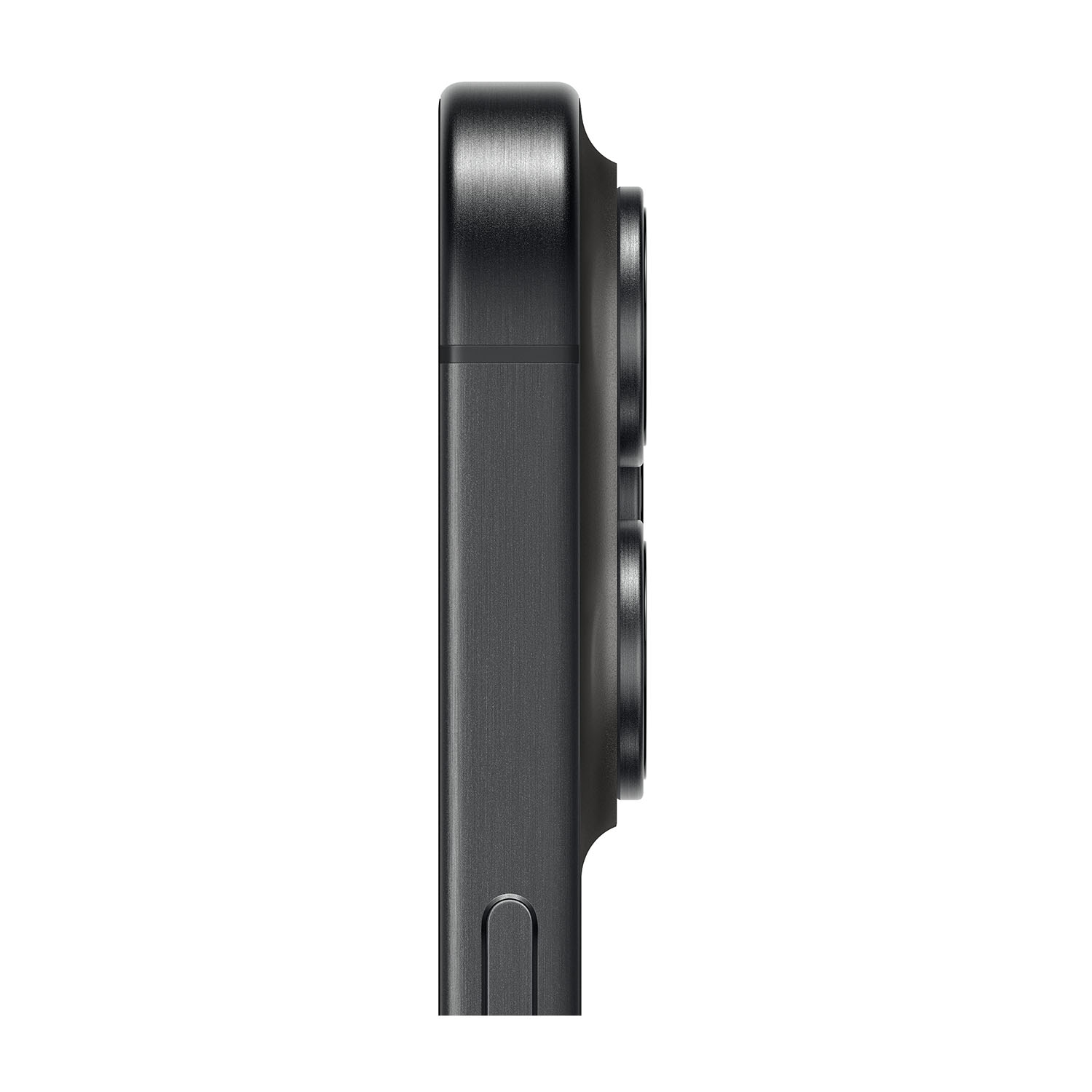 Vista laterale di uno smartphone scuro con tre obiettivi.